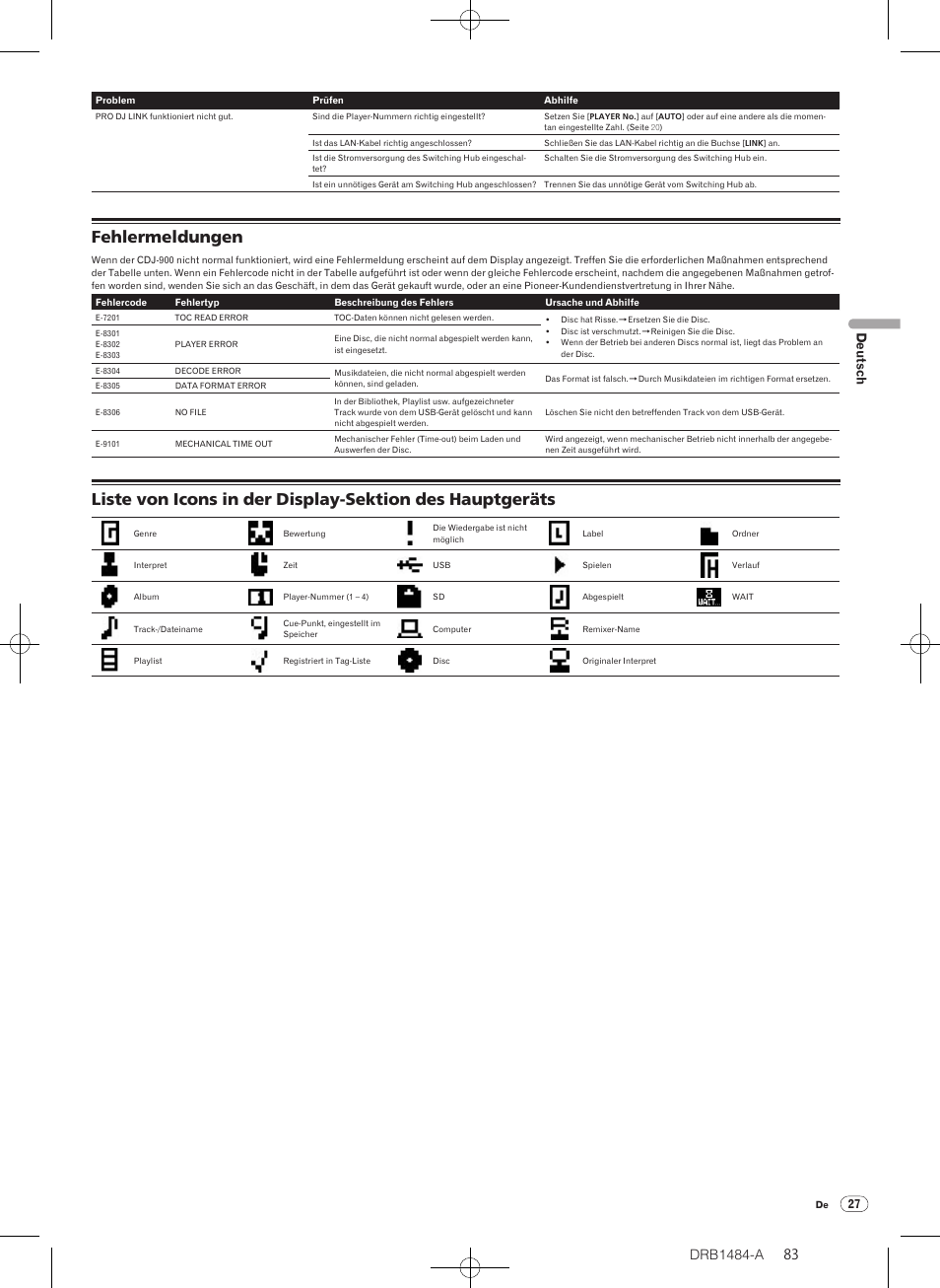 Fehlermeldungen, Drb1484-a | Pioneer CDJ-900 User Manual | Page 83 / 198