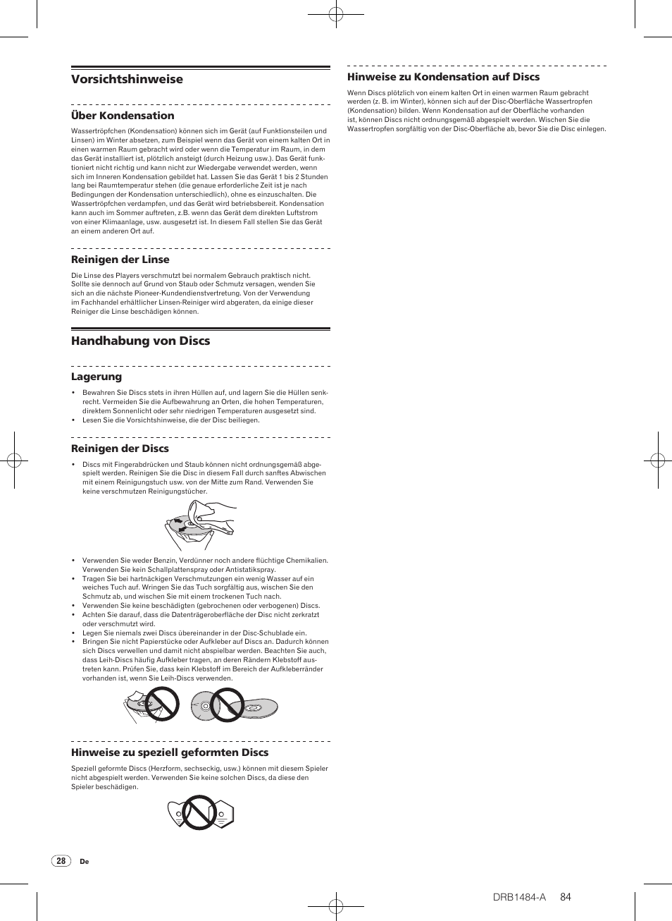 Vorsichtshinweise handhabung von discs, Vorsichtshinweise, Handhabung von discs | Pioneer CDJ-900 User Manual | Page 84 / 198