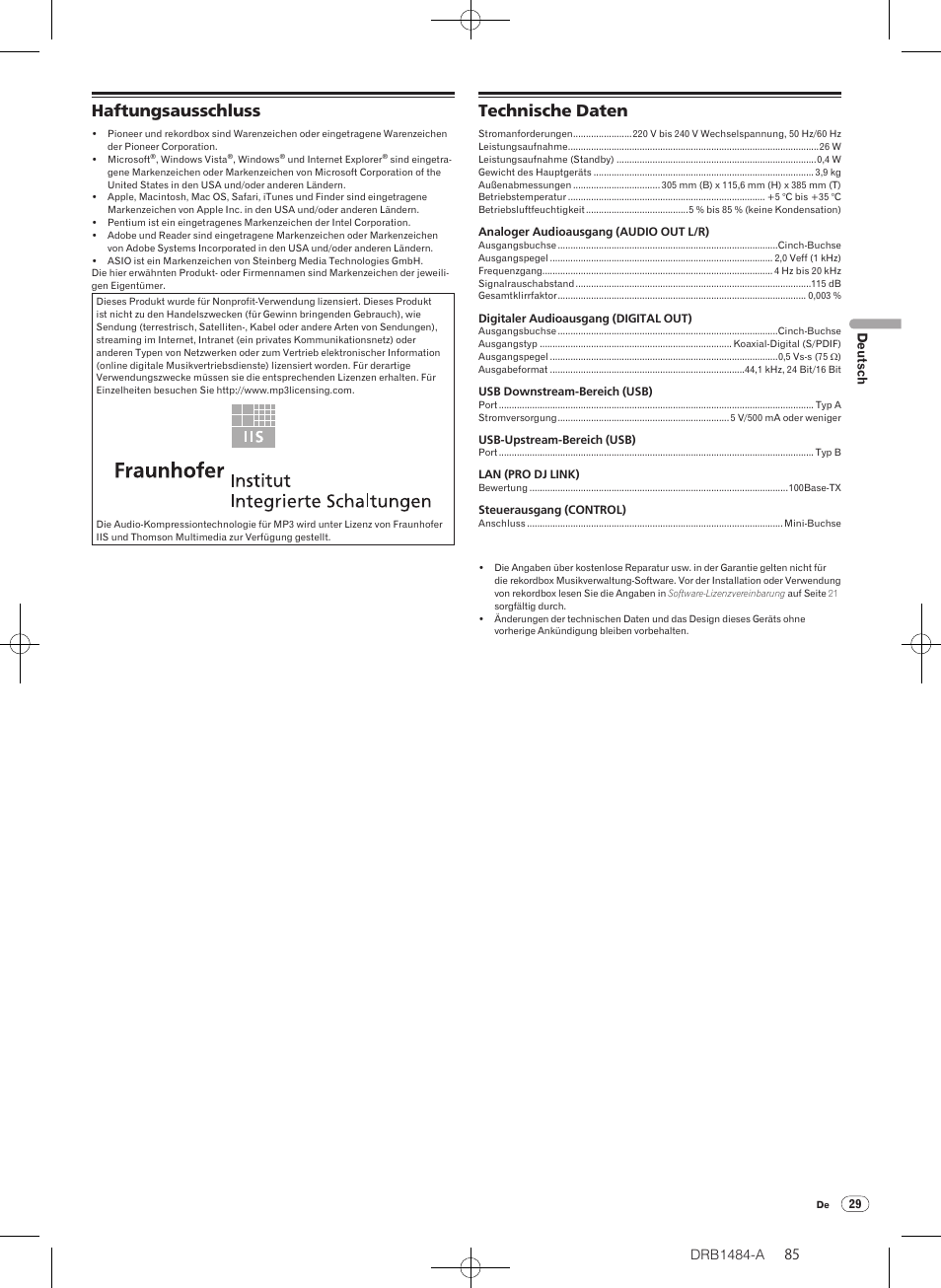 Haftungsausschluss technische daten, Haftungsausschluss, Technische daten | Drb1484-a | Pioneer CDJ-900 User Manual | Page 85 / 198