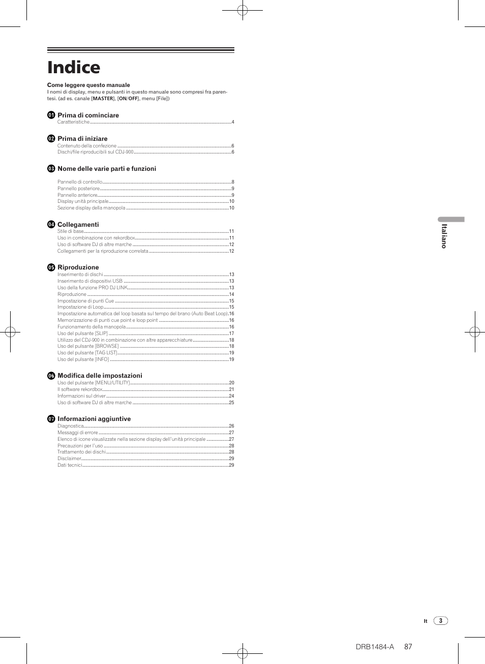 Lettore multiplo, Istruzioni per l’uso, Indice | Pioneer CDJ-900 User Manual | Page 87 / 198