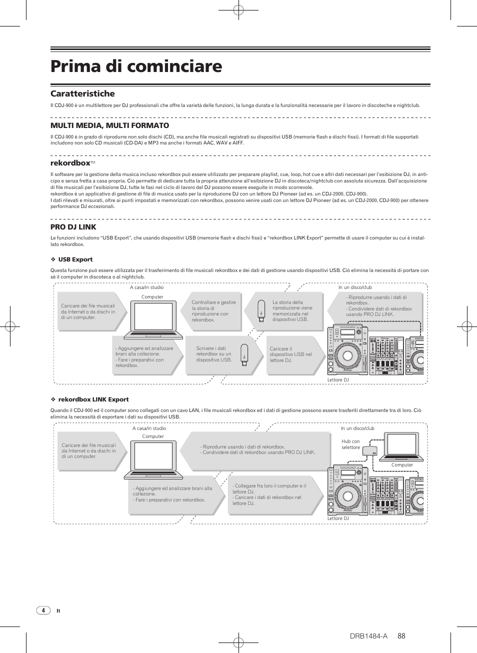 Prima di cominciare, Caratteristiche, Drb1484-a | Multi media, multi formato, Rekordbox, Pro dj link | Pioneer CDJ-900 User Manual | Page 88 / 198