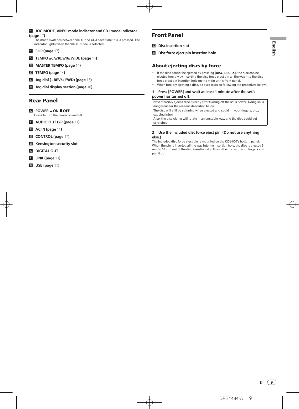 Rear panel front panel, Rear panel, Front panel | Pioneer CDJ-900 User Manual | Page 9 / 198