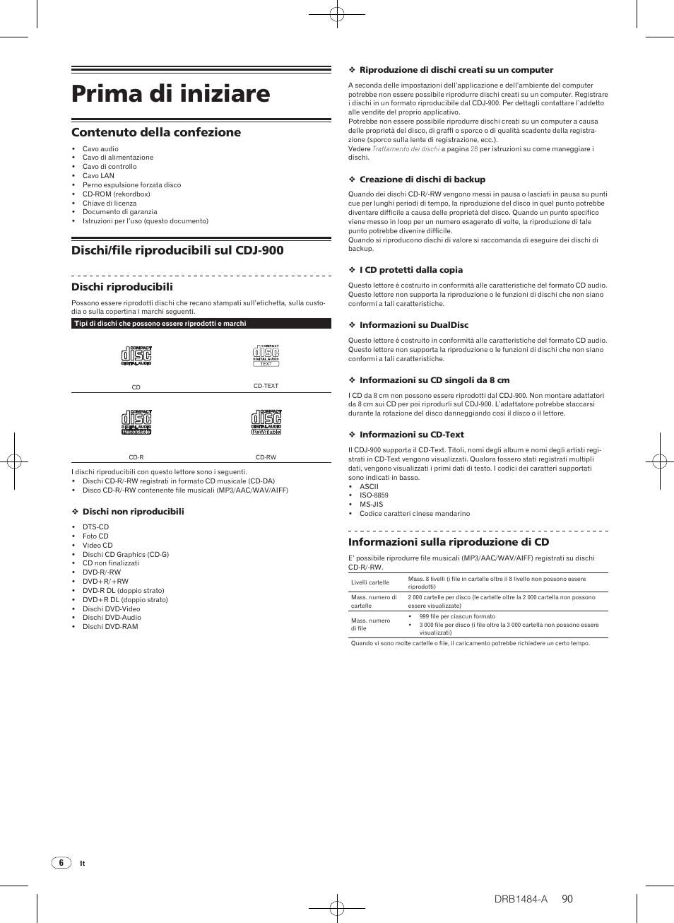 Prima di iniziare, Contenuto della confezione dischi, File riproducibili sul cdj-900 | Contenuto della confezione, Dischi/ file riproducibili sul cdj-900 | Pioneer CDJ-900 User Manual | Page 90 / 198