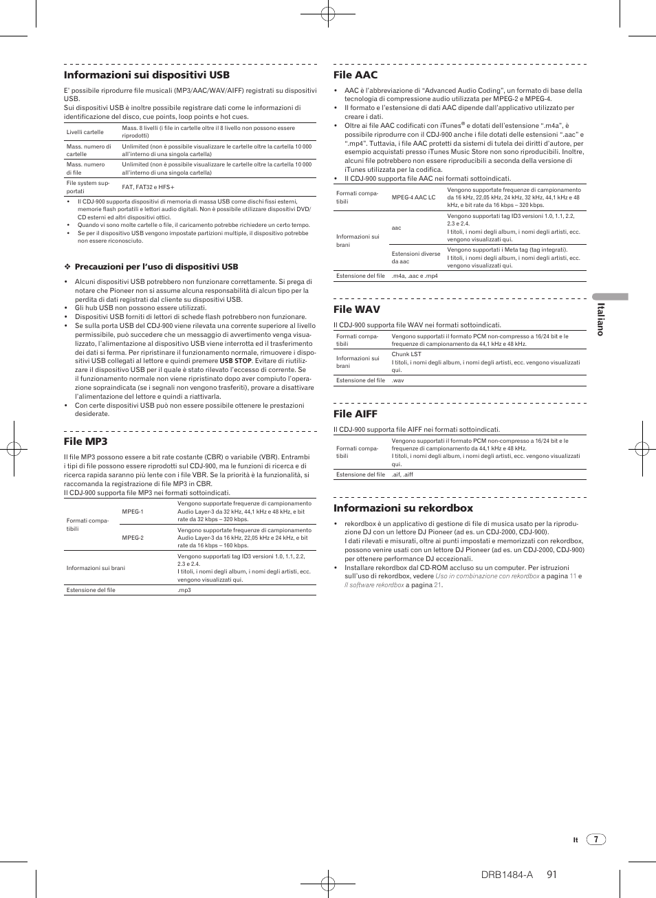 Drb1484-a, 91 90 informazioni sui dispositivi usb, File mp3 | File aac, File wav, File aiff, Informazioni su rekordbox, Italiano | Pioneer CDJ-900 User Manual | Page 91 / 198