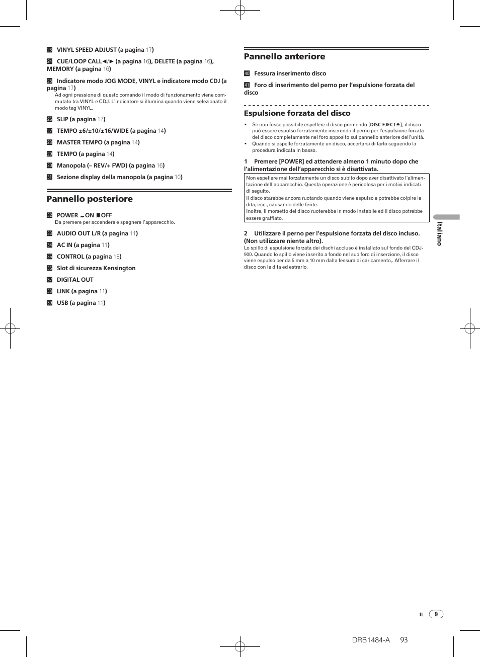 Pannello posteriore pannello anteriore, Pannello posteriore, Pannello anteriore | Pioneer CDJ-900 User Manual | Page 93 / 198