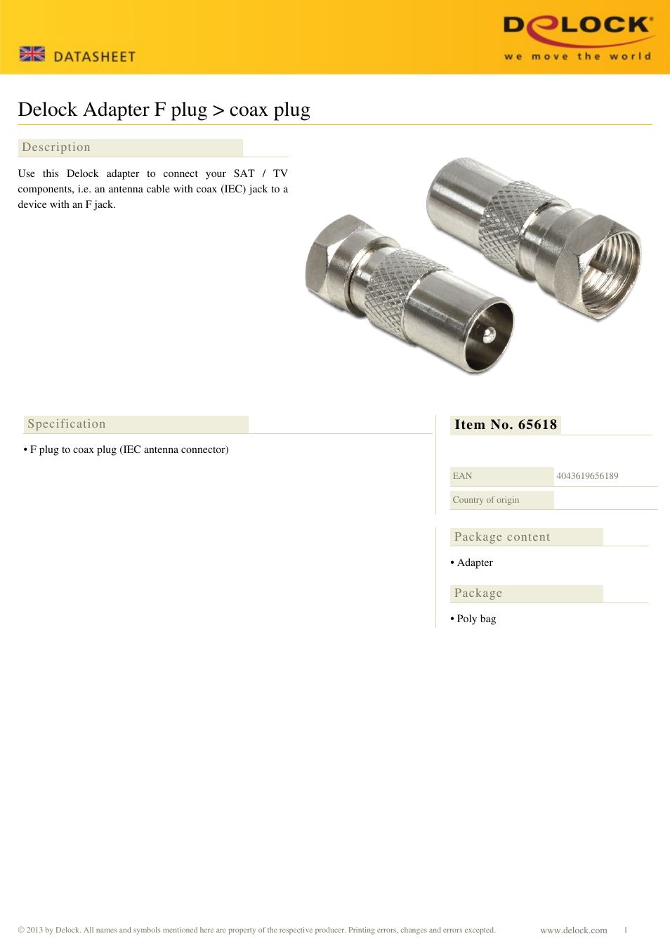 DeLOCK 65618 User Manual | 1 page