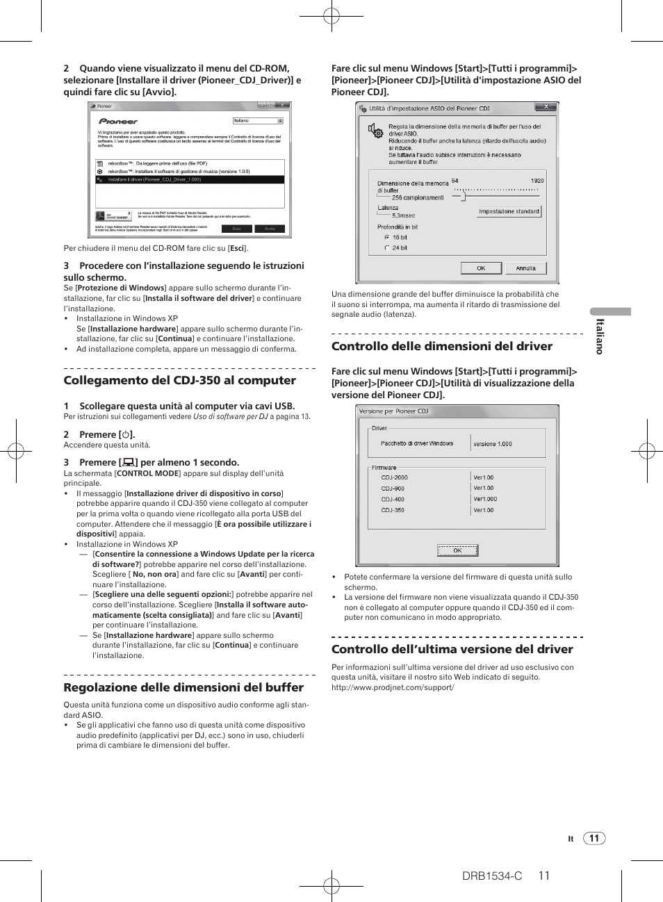 Drb1534-c, Collegamento del cdj-350 al computer, Regolazione delle dimensioni del buffer | Controllo delle dimensioni del driver, Controllo dell’ultima versione del driver | Pioneer CDJ-350-W User Manual | Page 11 / 112