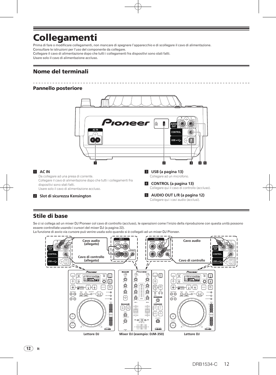 Collegamenti, Nome del terminali stile di base, Nome del terminali | Stile di base, Drb1534-c, Pannello posteriore, Multi player, 1ac in, 2slot di sicurezza kensington 3 usb (a pagina 13), 4control (a pagina 13) | Pioneer CDJ-350-W User Manual | Page 12 / 112