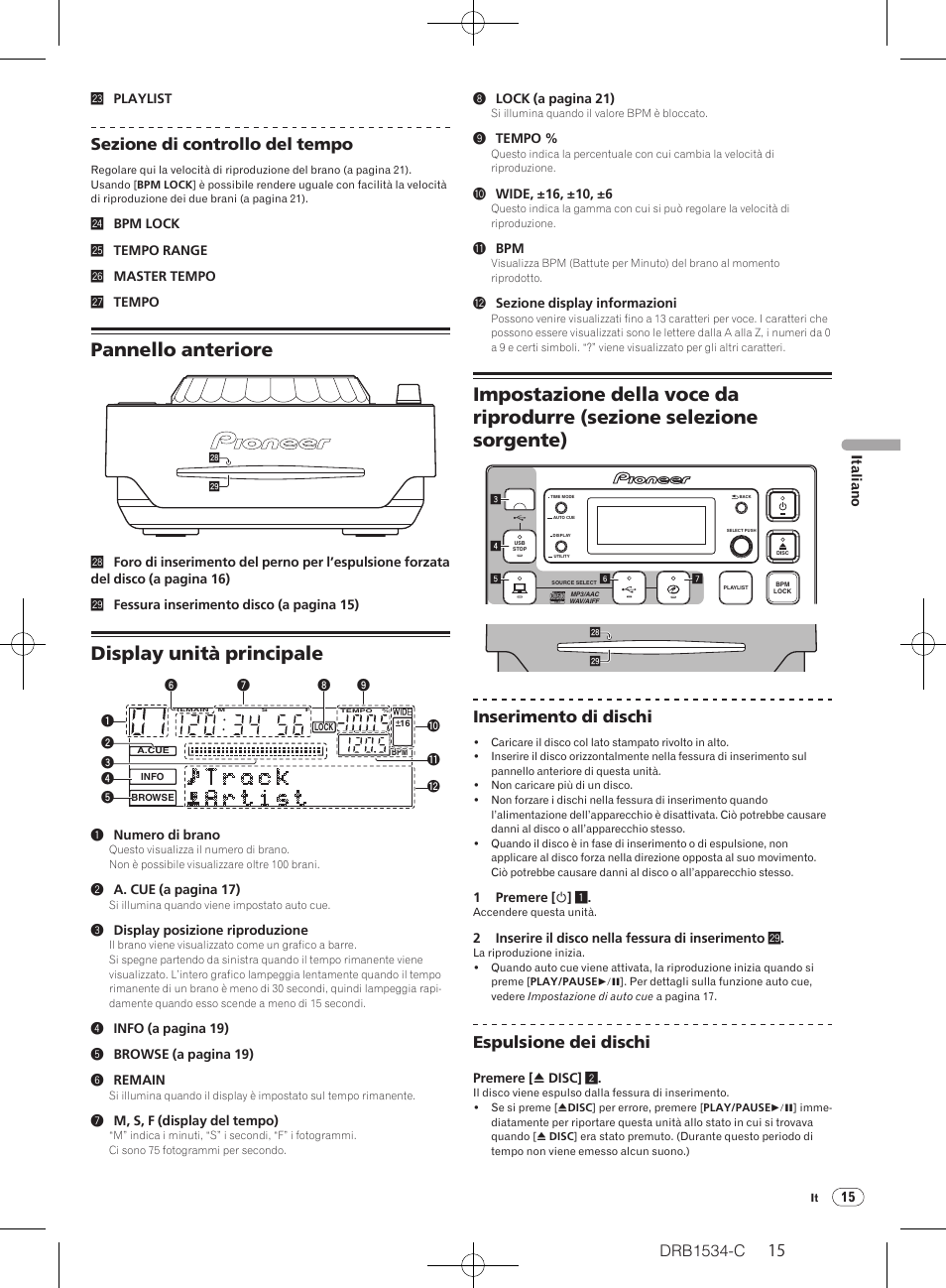 Pannello anteriore, Display unità principale, Drb1534-c | Sezione di controllo del tempo, Inserimento di dischi, Espulsione dei dischi | Pioneer CDJ-350-W User Manual | Page 15 / 112