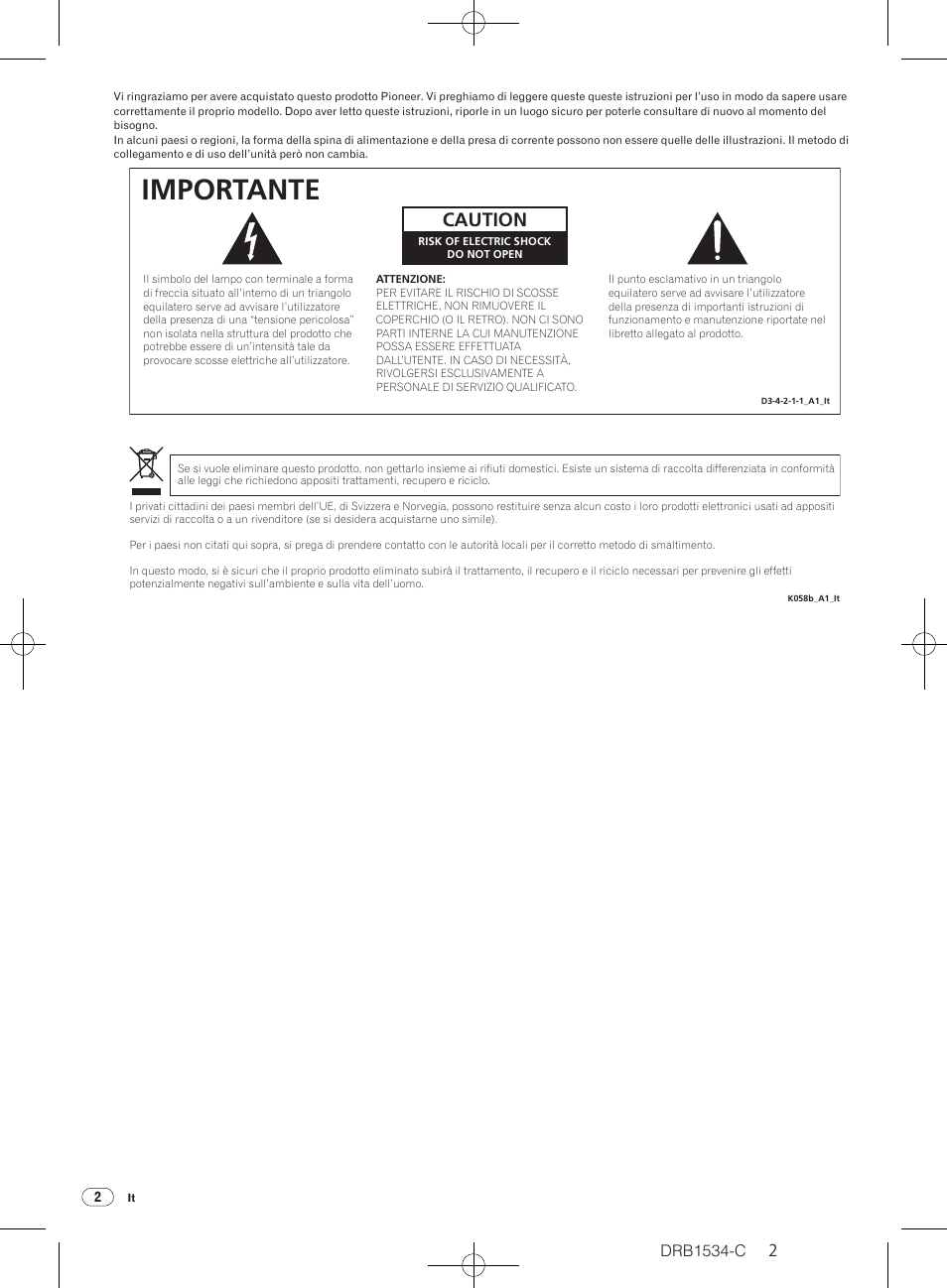 Importante, Caution, Drb1534-c | Pioneer CDJ-350-W User Manual | Page 2 / 112
