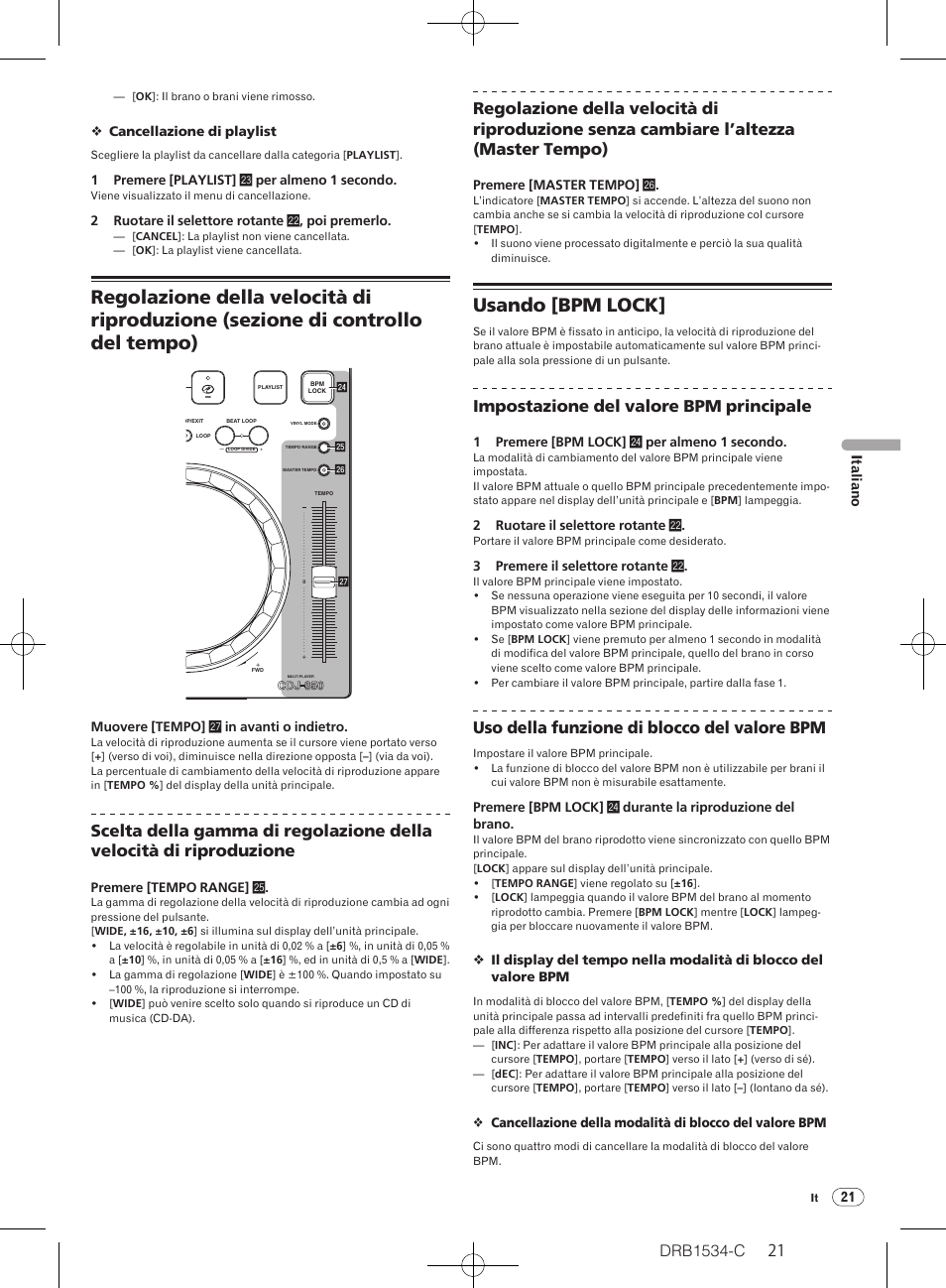 Usando [bpm lock, Drb1534-c, Impostazione del valore bpm principale | Uso della funzione di blocco del valore bpm | Pioneer CDJ-350-W User Manual | Page 21 / 112