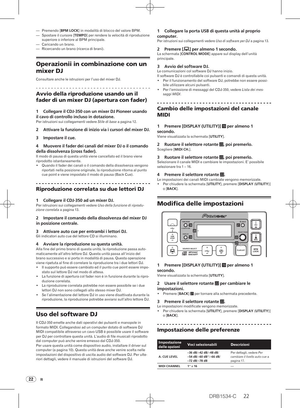 Operazionii in combinazione con un mixer dj, Uso del software dj, Modifica delle impostazioni | Drb1534-c, Riproduzione correlata su due lettori dj, Cambio delle impostazioni del canale midi, Impostazione delle preferenze | Pioneer CDJ-350-W User Manual | Page 22 / 112