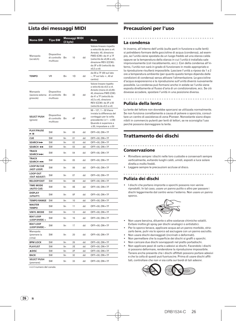 Lista dei messaggi midi, Precauzioni per l’uso, Trattamento dei dischi | Drb1534-c, La condensa, Pulizia della lenta, Conservazione, Pulizia dei dischi | Pioneer CDJ-350-W User Manual | Page 26 / 112