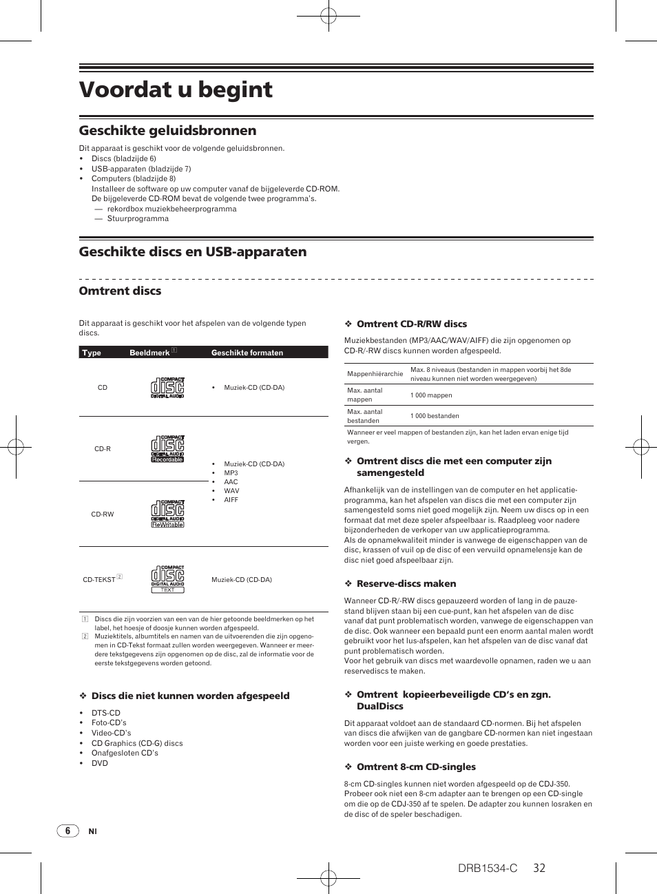 Voordat u begint, Geschikte geluidsbronnen, Geschikte discs en usb-apparaten | Drb1534-c, Omtrent discs | Pioneer CDJ-350-W User Manual | Page 32 / 112