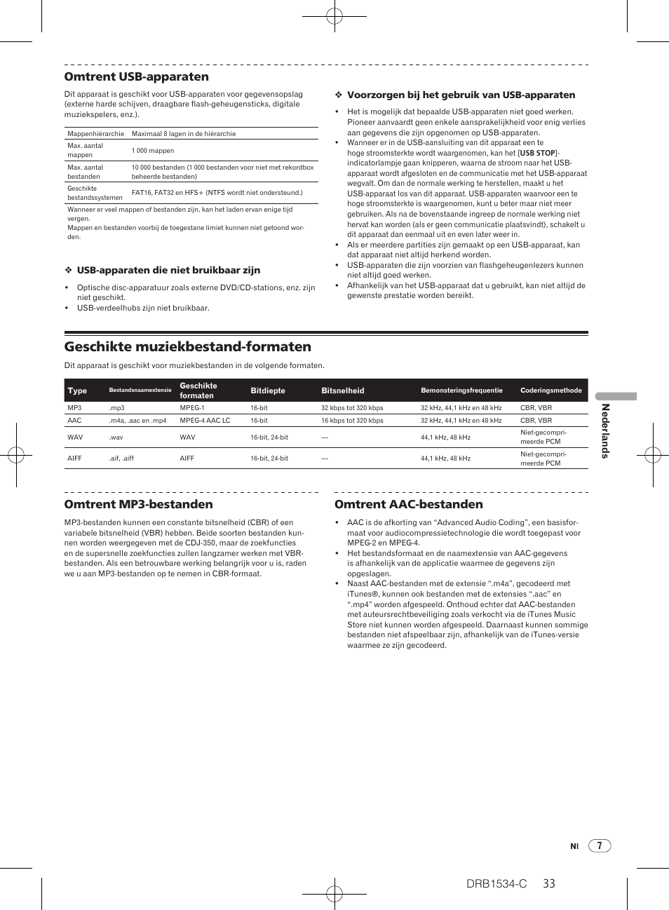 Geschikte muziekbestand-formaten, Drb1534-c, 32 33 omtrent usb-apparaten | Omtrent mp3-bestanden, Omtrent aac-bestanden | Pioneer CDJ-350-W User Manual | Page 33 / 112