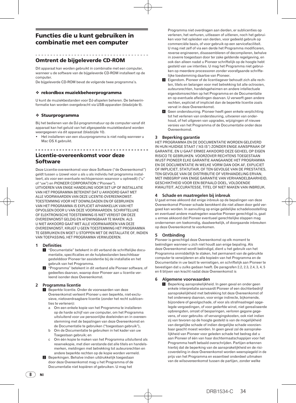 Drb1534-c, Omtrent de bijgeleverde cd-rom, Licentie-overeenkomst voor deze software | Pioneer CDJ-350-W User Manual | Page 34 / 112
