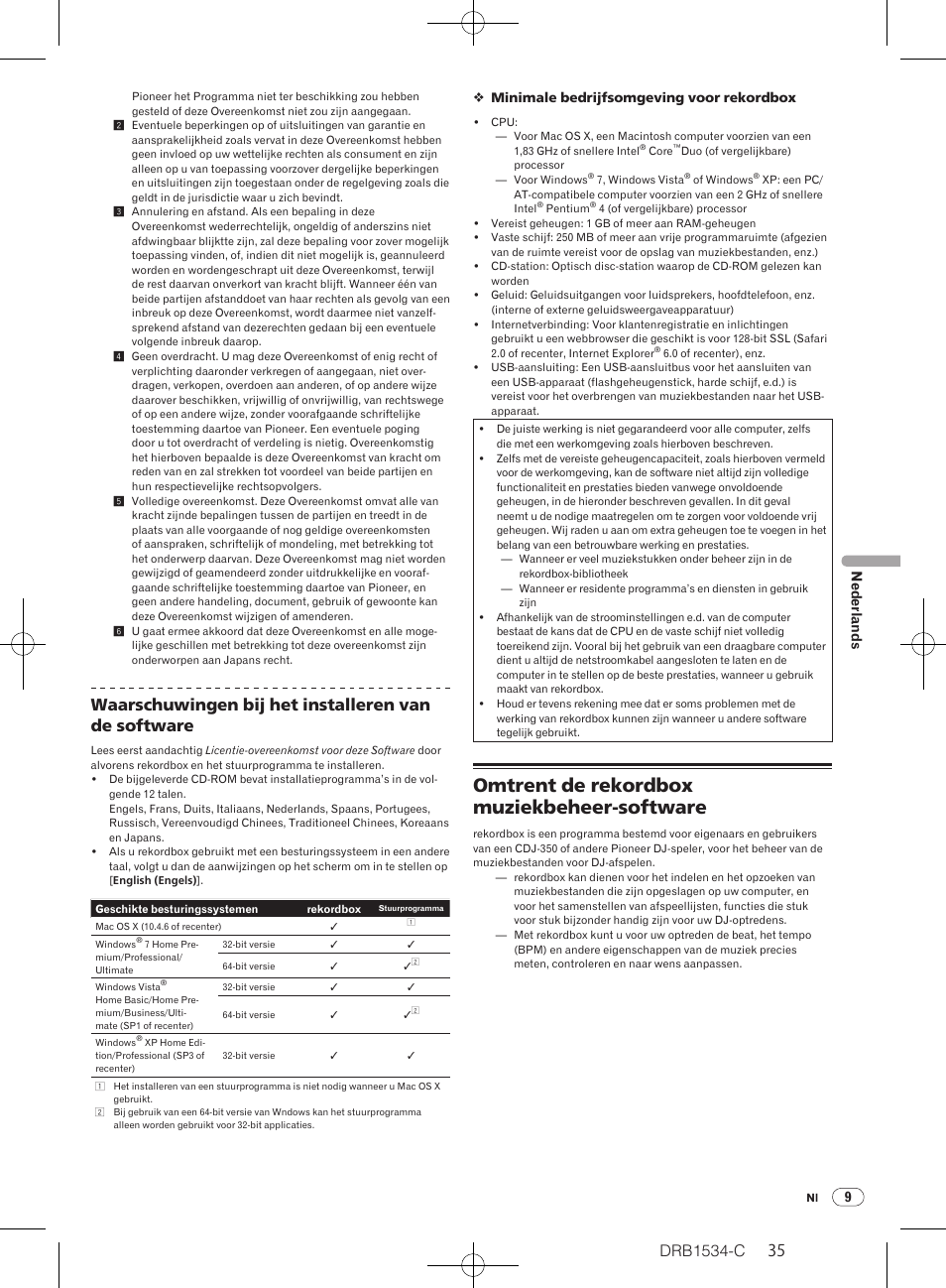 Omtrent de rekordbox muziekbeheer-software, Drb1534-c, Waarschuwingen bij het installeren van de software | 9nederlands | Pioneer CDJ-350-W User Manual | Page 35 / 112