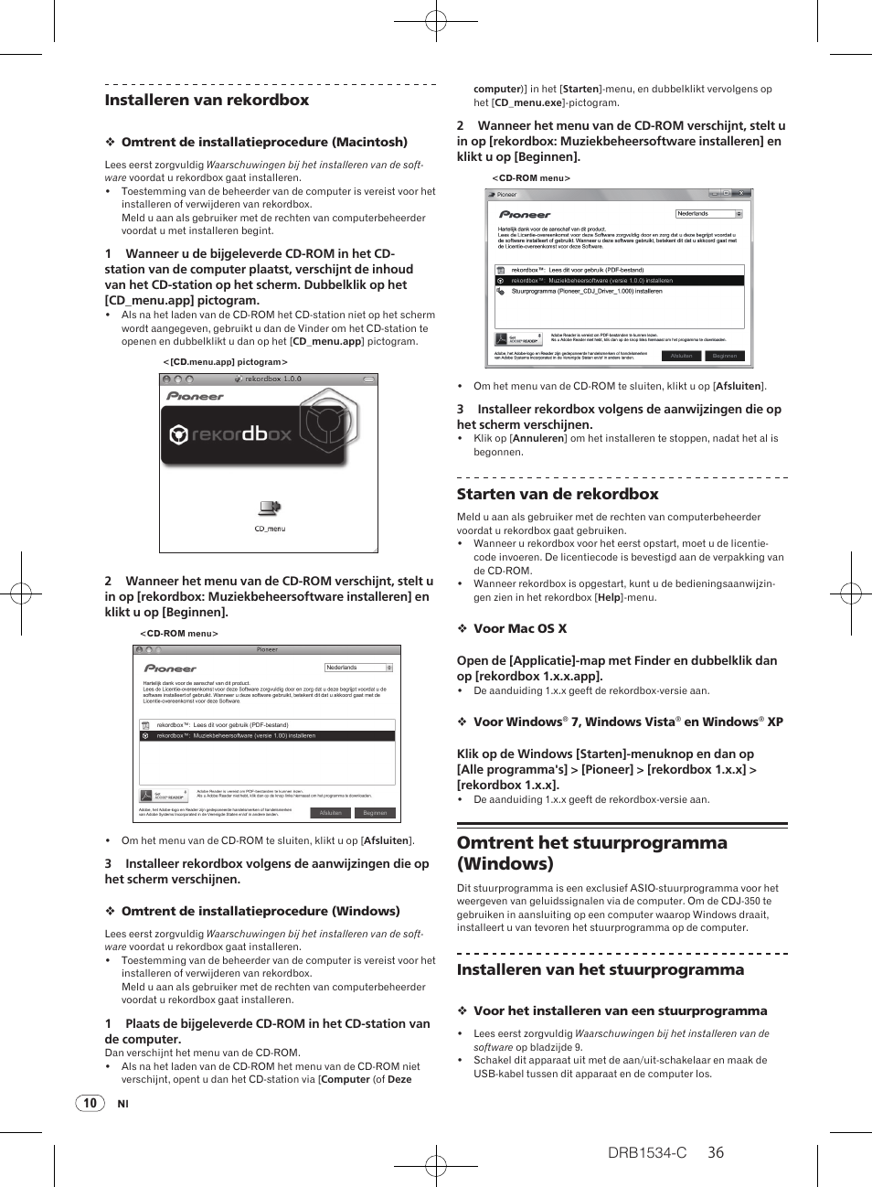 Omtrent het stuurprogramma (windows), Drb1534-c, 36 installeren van rekordbox | Starten van de rekordbox, Installeren van het stuurprogramma | Pioneer CDJ-350-W User Manual | Page 36 / 112