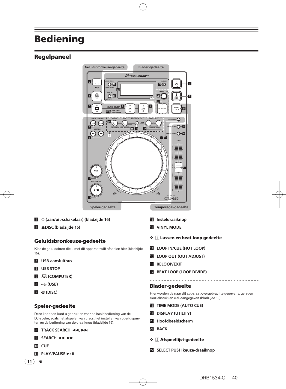 Bediening, Regelpaneel, Drb1534-c | Geluidsbronkeuze-gedeelte, Speler-gedeelte, Blader-gedeelte | Pioneer CDJ-350-W User Manual | Page 40 / 112