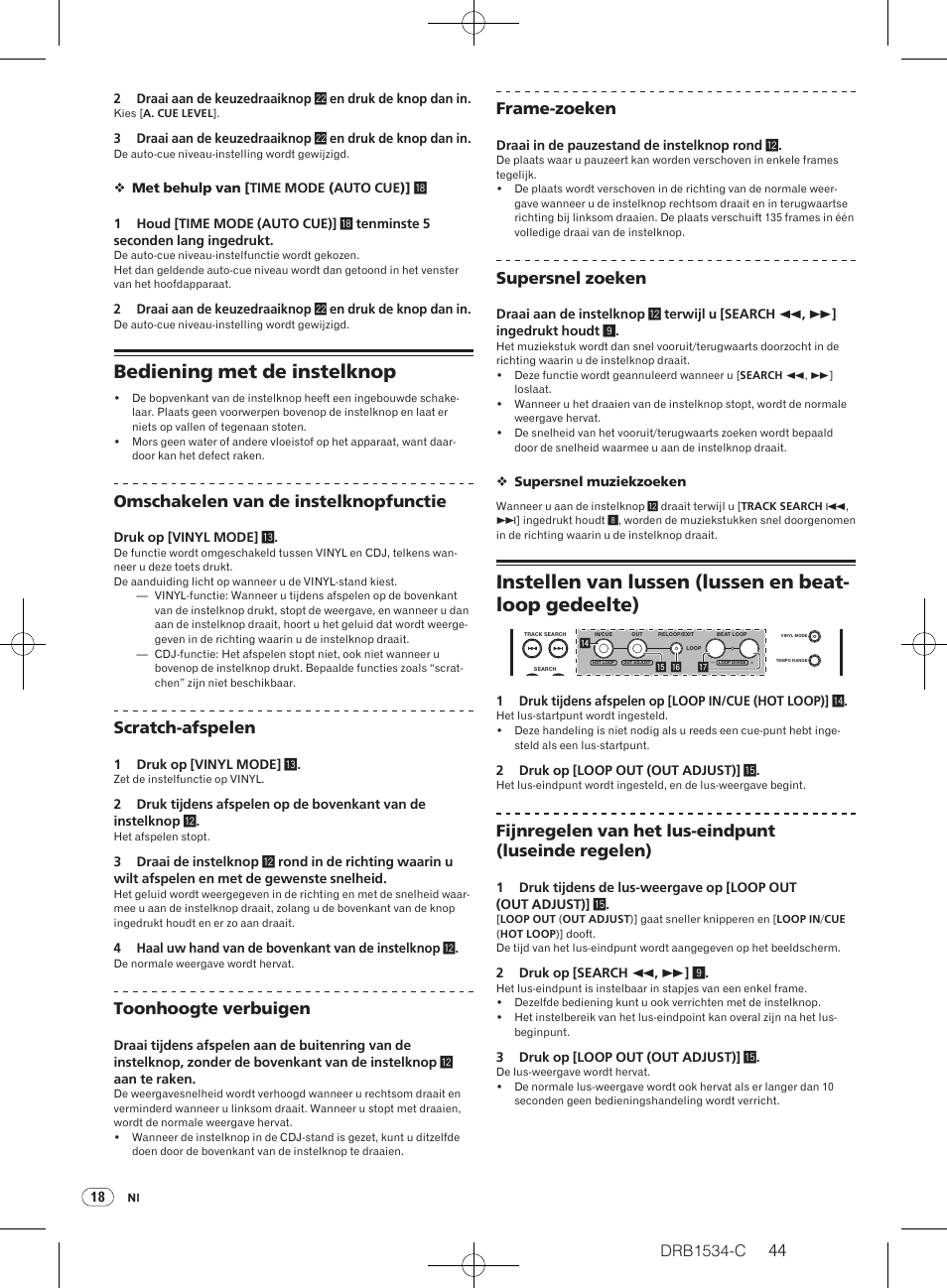 Bediening met de instelknop, Drb1534-c, Omschakelen van de instelknopfunctie | Scratch-afspelen, Toonhoogte verbuigen, Frame-zoeken, Supersnel zoeken | Pioneer CDJ-350-W User Manual | Page 44 / 112