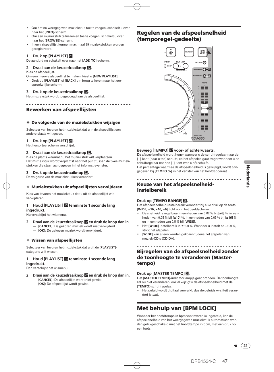 Met behulp van [bpm lock, Drb1534-c, Bewerken van afspeellijsten | Keuze van het afspeelsnelheid- instelbereik | Pioneer CDJ-350-W User Manual | Page 47 / 112