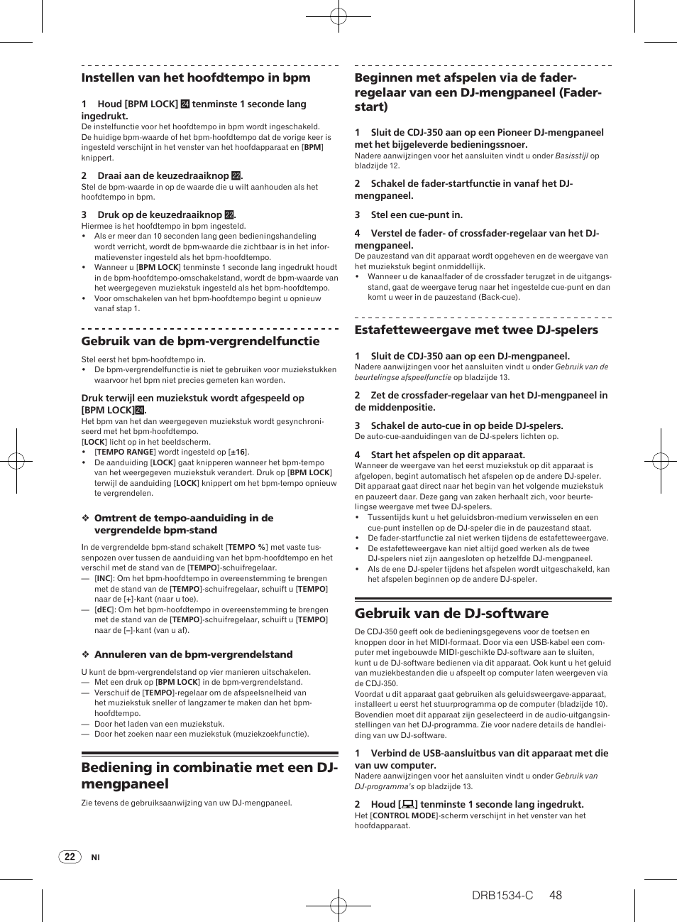 Bediening in combinatie met een dj- mengpaneel, Gebruik van de dj-software, Drb1534-c | 48 instellen van het hoofdtempo in bpm, Gebruik van de bpm-vergrendelfunctie, Estafetteweergave met twee dj-spelers | Pioneer CDJ-350-W User Manual | Page 48 / 112