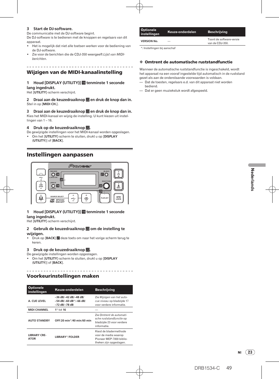 Instellingen aanpassen, Drb1534-c, Wijzigen van de midi-kanaalinstelling | Voorkeurinstellingen maken, 23 nederlands | Pioneer CDJ-350-W User Manual | Page 49 / 112