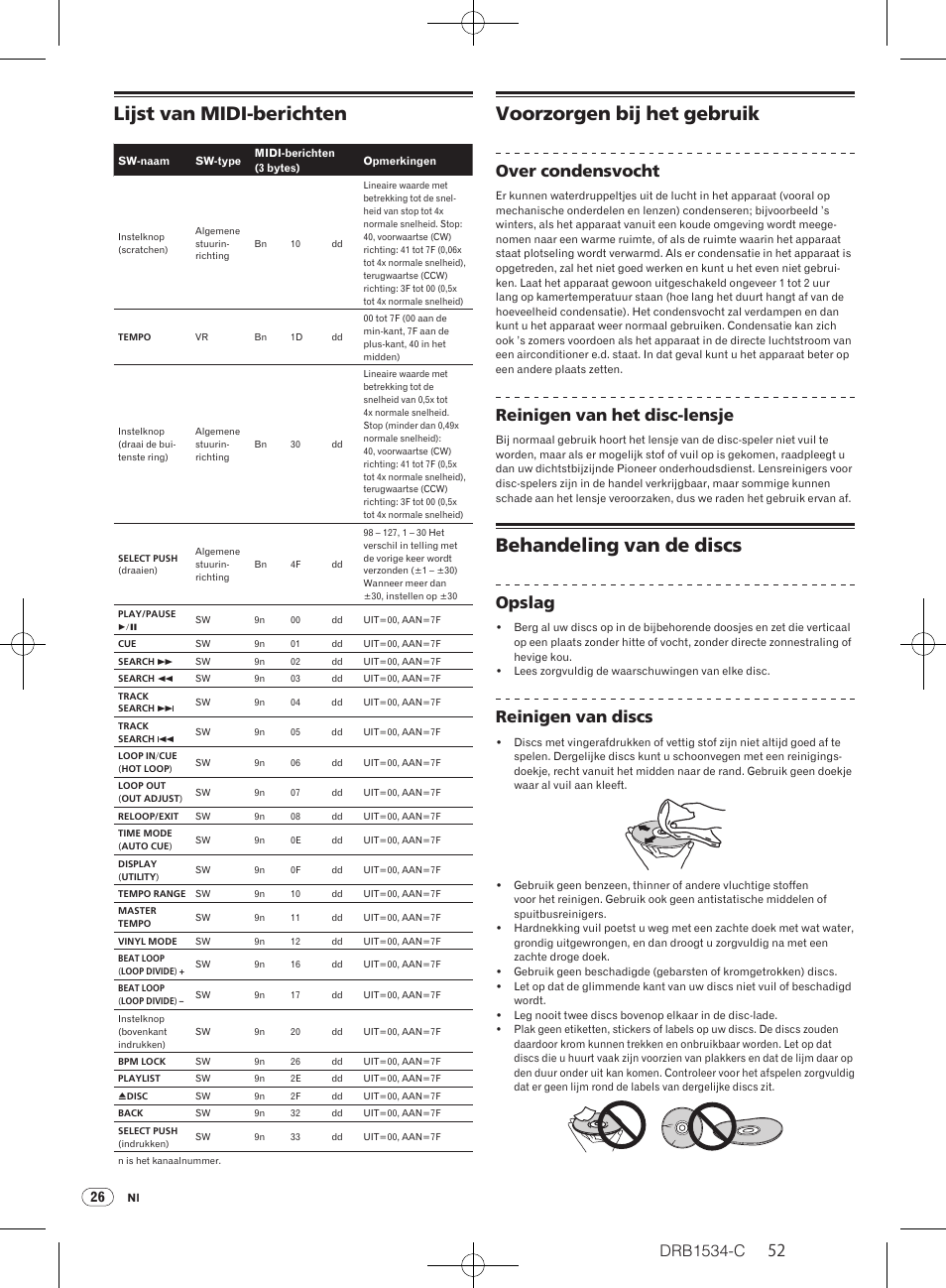 Lijst van midi-berichten, Voorzorgen bij het gebruik, Behandeling van de discs | Drb1534-c, Over condensvocht, Reinigen van het disc-lensje, Opslag, Reinigen van discs | Pioneer CDJ-350-W User Manual | Page 52 / 112