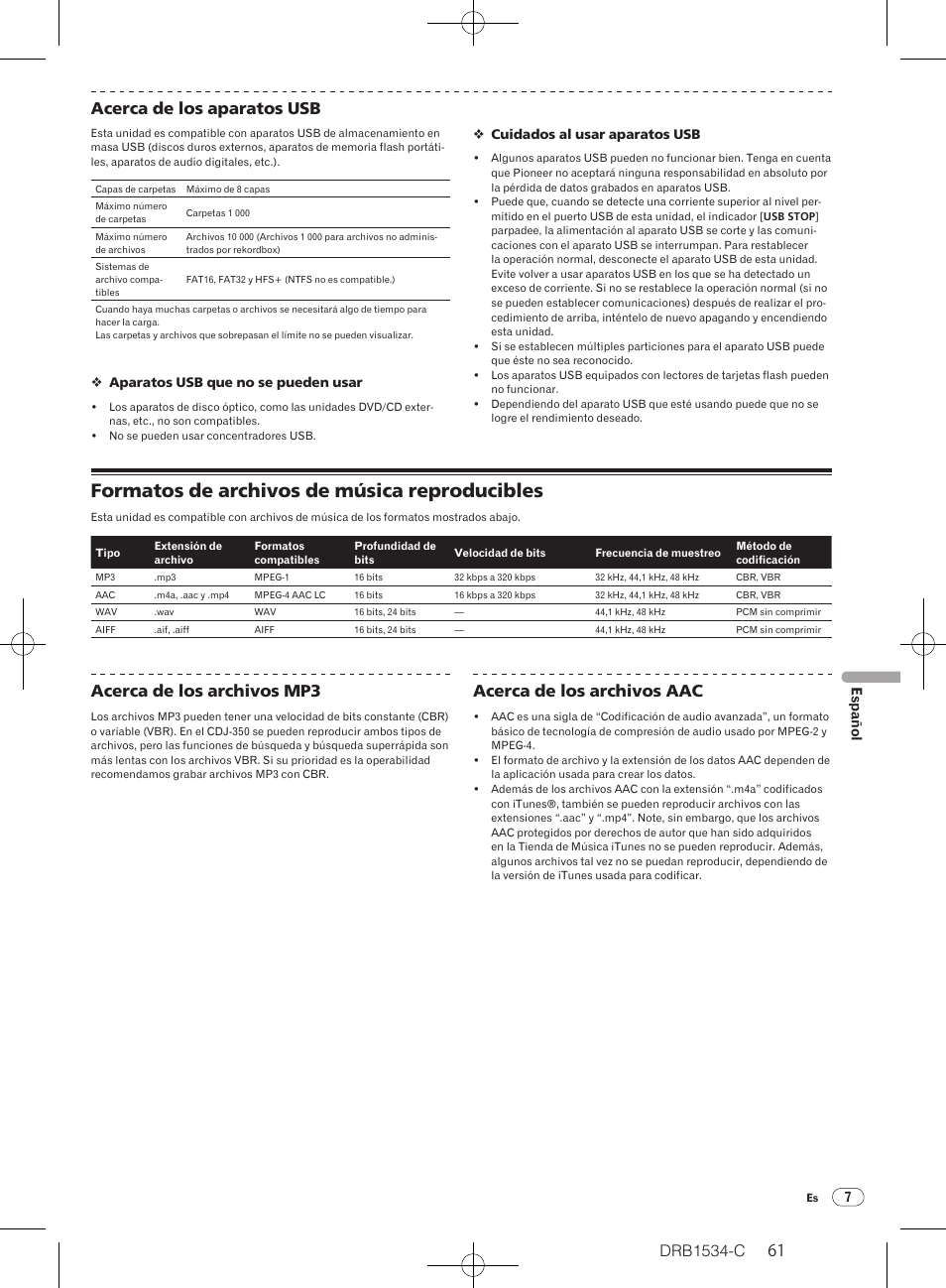 Formatos de archivos de música reproducibles, Drb1534-c, 60 61 acerca de los aparatos usb | Acerca de los archivos mp3, Acerca de los archivos aac | Pioneer CDJ-350-W User Manual | Page 61 / 112