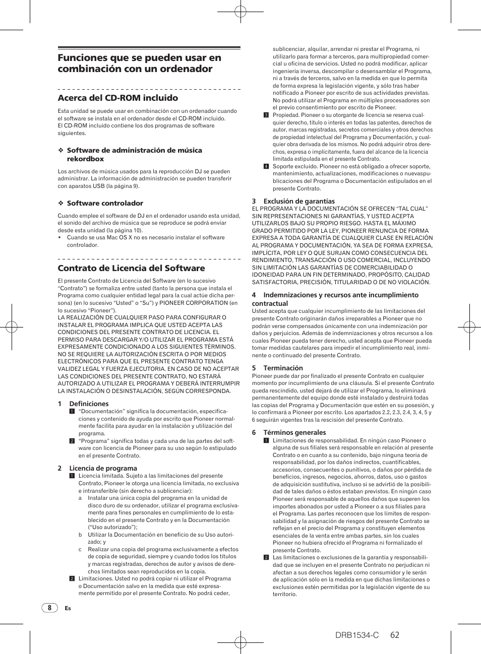 Drb1534-c, Acerca del cd-rom incluido, Contrato de licencia del software | Pioneer CDJ-350-W User Manual | Page 62 / 112