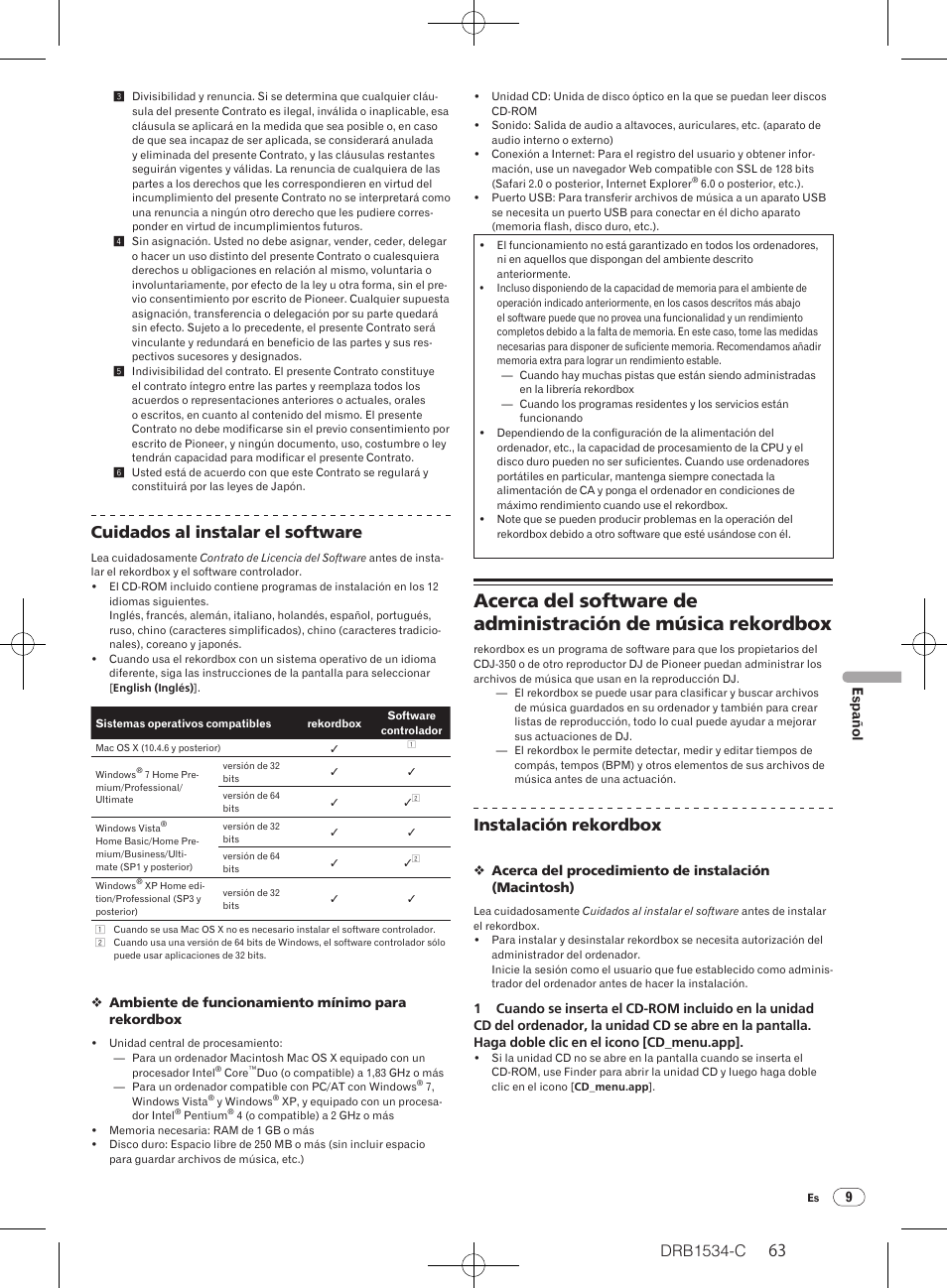 Drb1534-c, Cuidados al instalar el software, Instalación rekordbox | Pioneer CDJ-350-W User Manual | Page 63 / 112