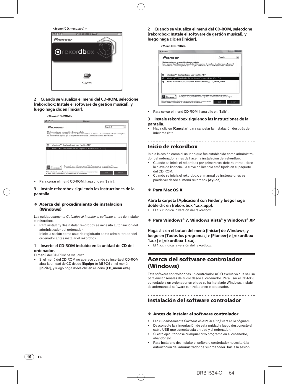 Acerca del software controlador (windows), Drb1534-c, Inicio de rekordbox | Instalación del software controlador | Pioneer CDJ-350-W User Manual | Page 64 / 112