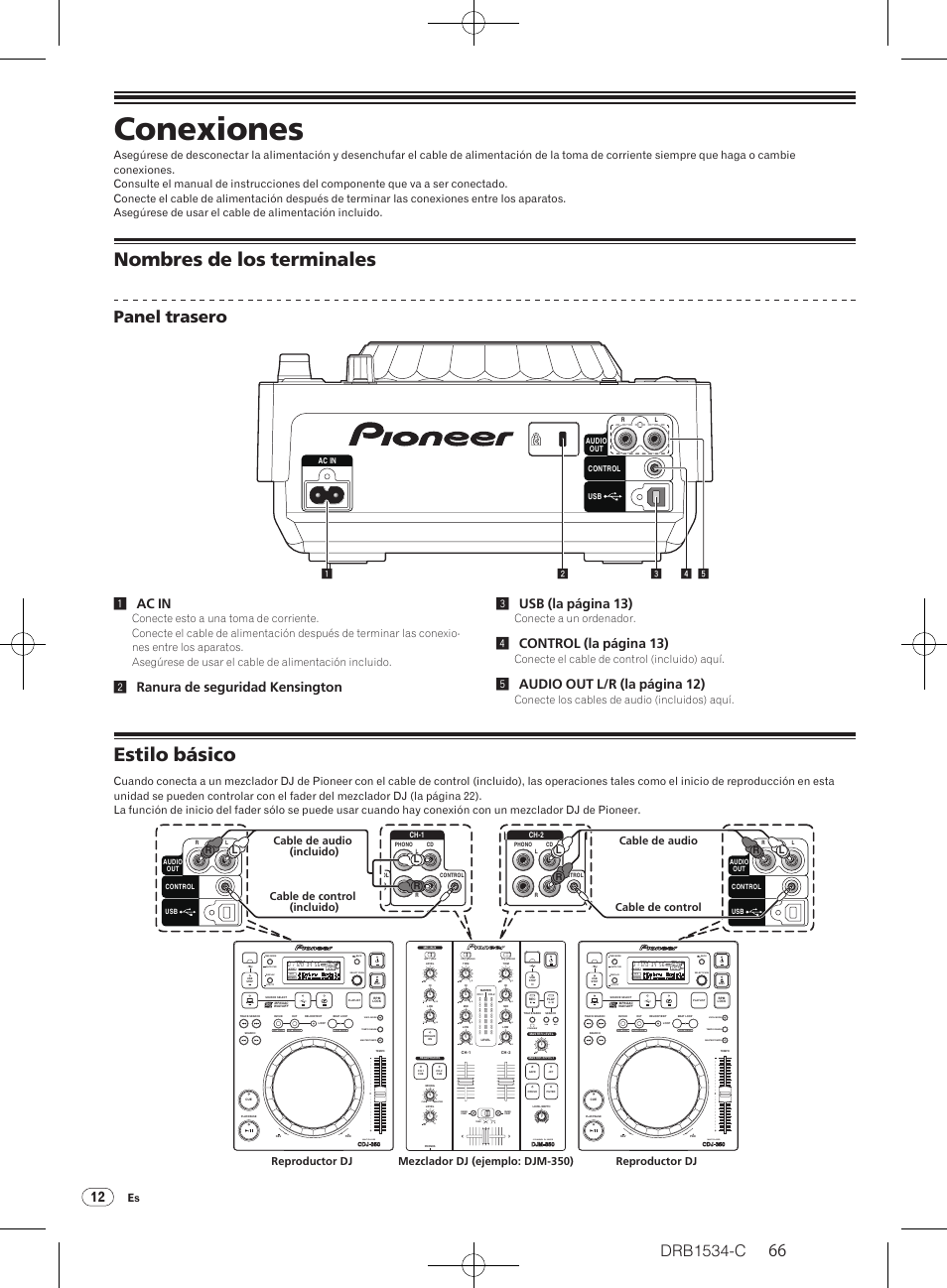 Conexiones, Nombres de los terminales estilo básico, Nombres de los terminales | Estilo básico, Drb1534-c, Panel trasero, Multi player, 1ac in, 4control (la página 13), 5audio out l/ r (la página 12) | Pioneer CDJ-350-W User Manual | Page 66 / 112