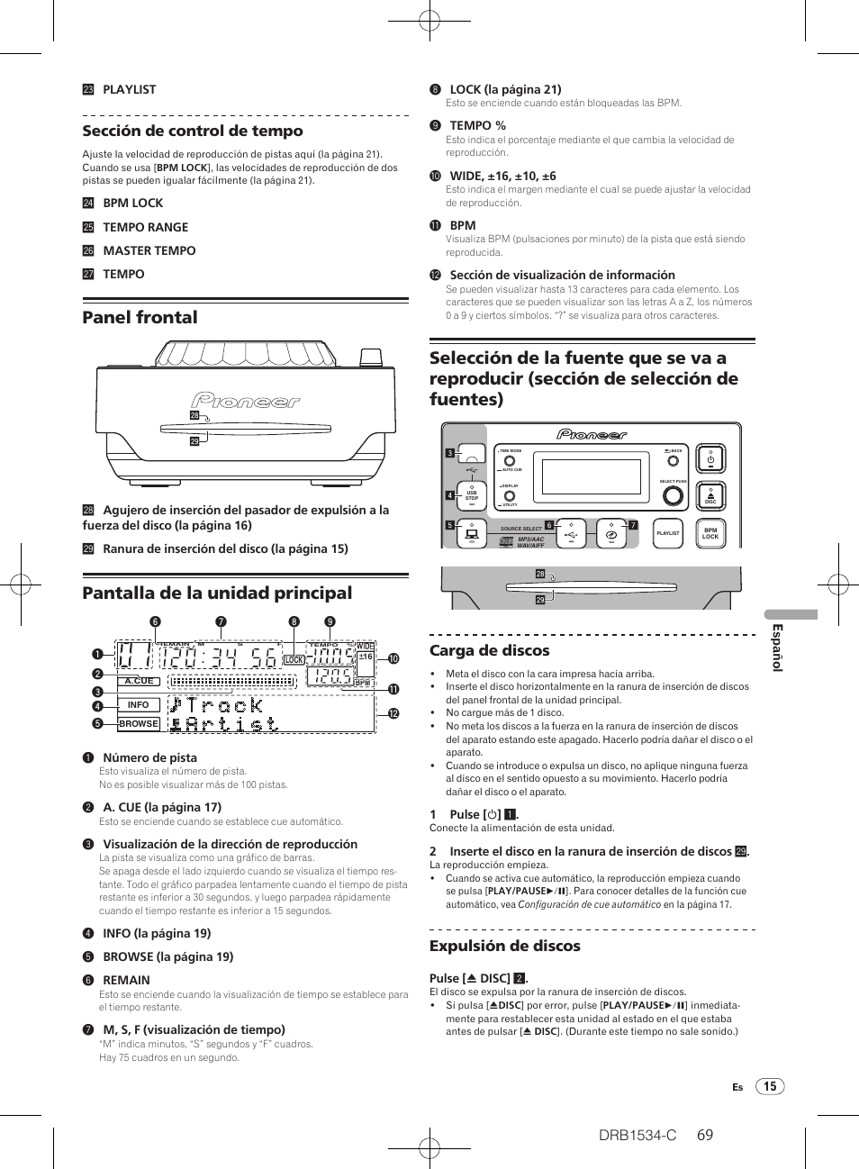 Panel frontal, Pantalla de la unidad principal, Drb1534-c | Sección de control de tempo, Carga de discos, Expulsión de discos | Pioneer CDJ-350-W User Manual | Page 69 / 112