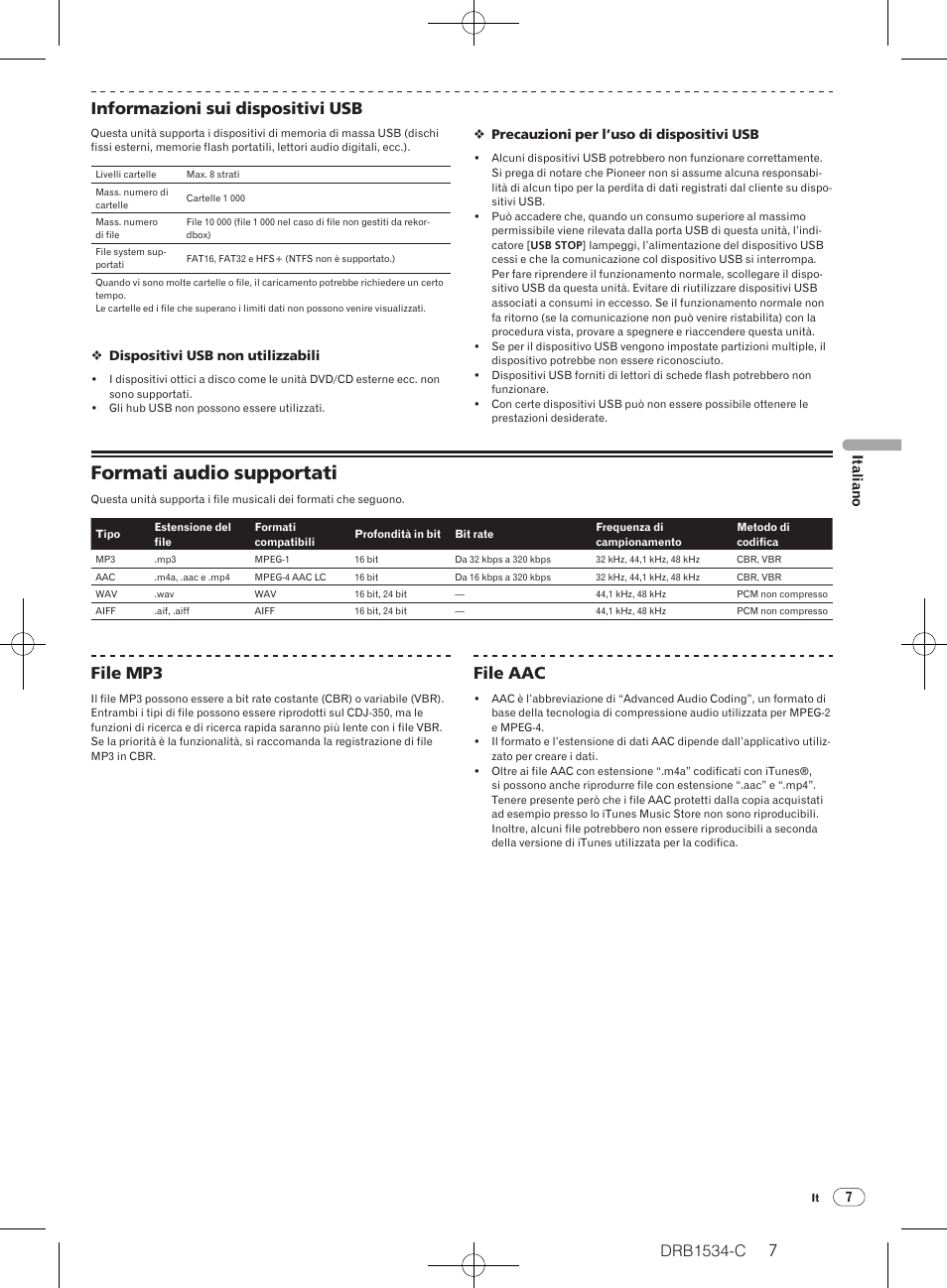 Formati audio supportati, Drb1534-c, 76 informazioni sui dispositivi usb | File mp3, File aac | Pioneer CDJ-350-W User Manual | Page 7 / 112