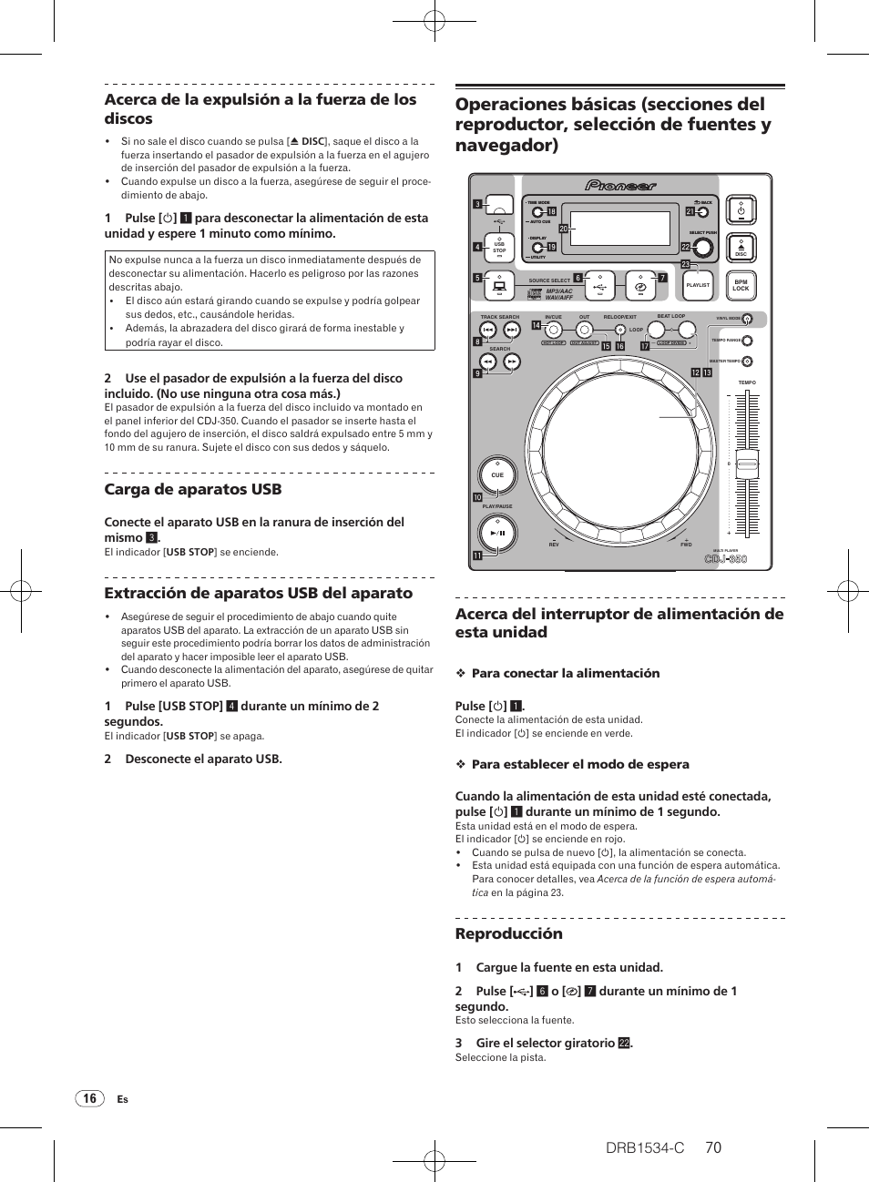 Drb1534-c, Carga de aparatos usb, Extracción de aparatos usb del aparato | Reproducción, 2 desconecte el aparato usb, Para conectar la alimentación pulse [ u ] 1, 3 gire el selector giratorio m | Pioneer CDJ-350-W User Manual | Page 70 / 112