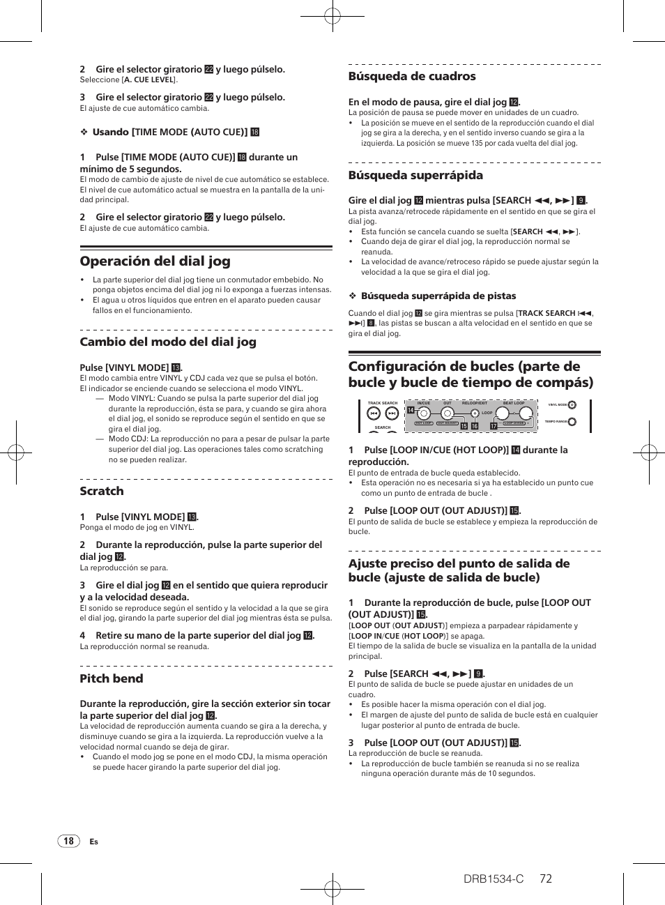 Operación del dial jog, Drb1534-c, Cambio del modo del dial jog | Scratch, Pitch bend, Búsqueda de cuadros, Búsqueda superrápida | Pioneer CDJ-350-W User Manual | Page 72 / 112