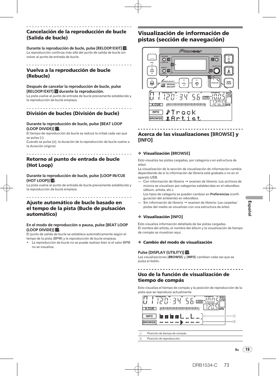 Drb1534-c, Vuelva a la reproducción de bucle (rebucle), División de bucles (división de bucle) | Retorno al punto de entrada de bucle (hot loop), Acerca de las visualizaciones [browse] y [info, 19 español | Pioneer CDJ-350-W User Manual | Page 73 / 112