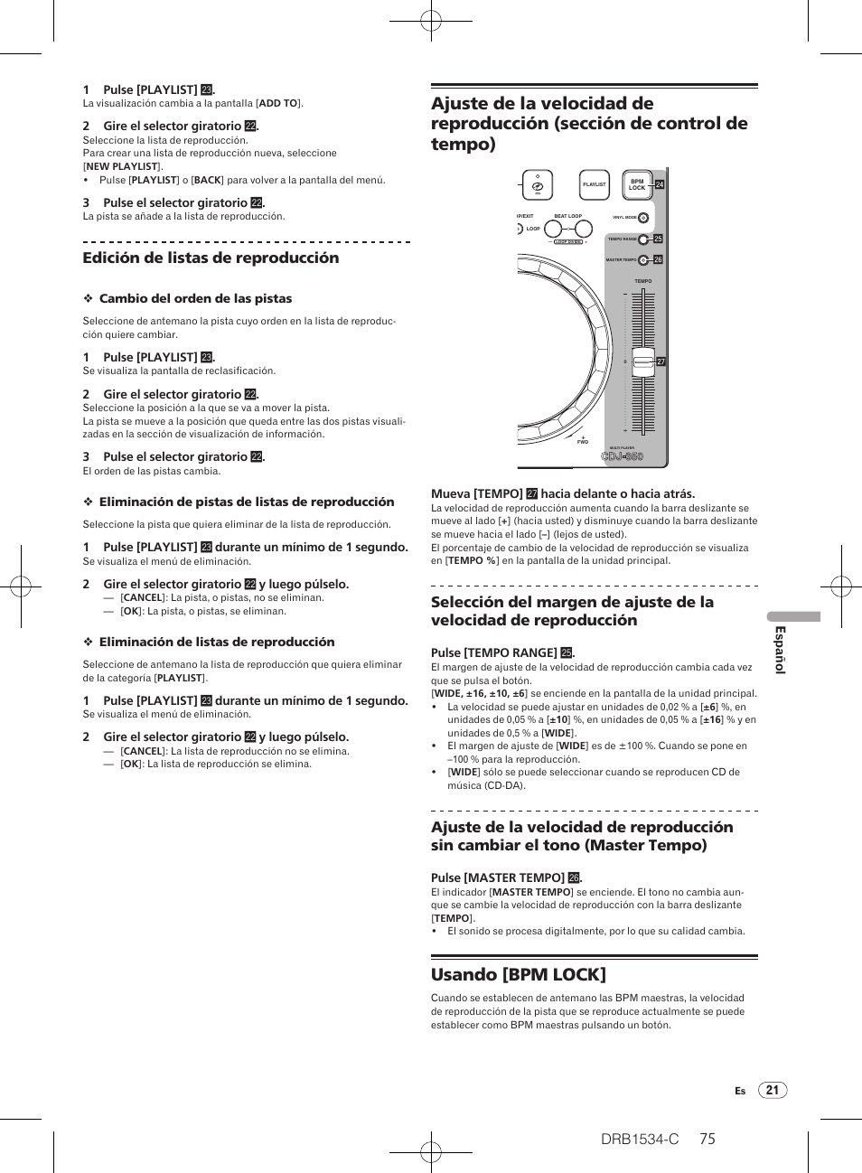 Usando [bpm lock, Drb1534-c, Edición de listas de reproducción | Pioneer CDJ-350-W User Manual | Page 75 / 112