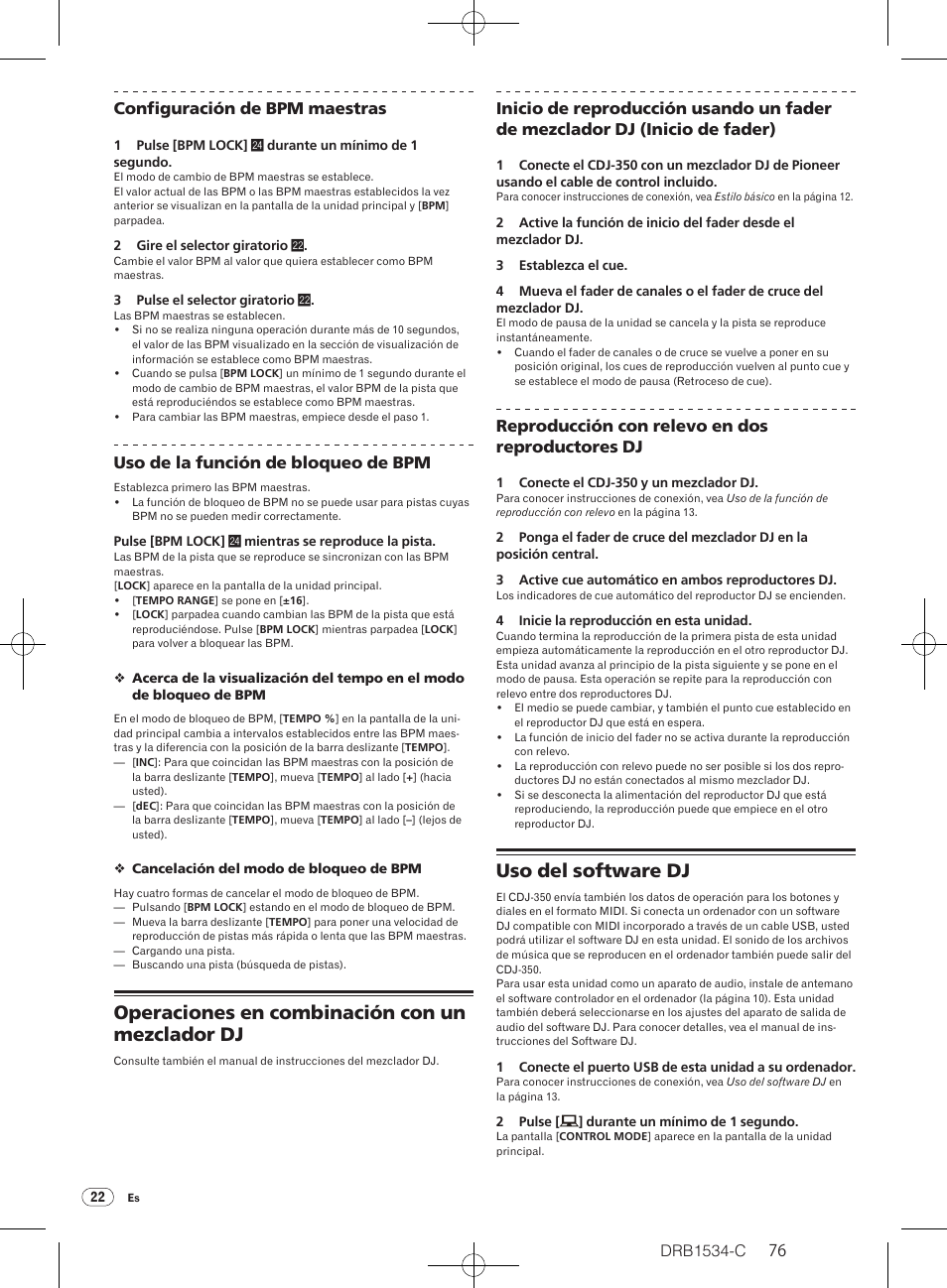 Operaciones en combinación con un mezclador dj, Uso del software dj, Drb1534-c | 76 configuración de bpm maestras, Uso de la función de bloqueo de bpm, Reproducción con relevo en dos reproductores dj | Pioneer CDJ-350-W User Manual | Page 76 / 112