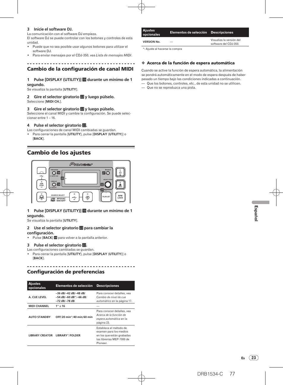 Cambio de los ajustes, Drb1534-c, Cambio de la configuración de canal midi | Configuración de preferencias, 23 español | Pioneer CDJ-350-W User Manual | Page 77 / 112