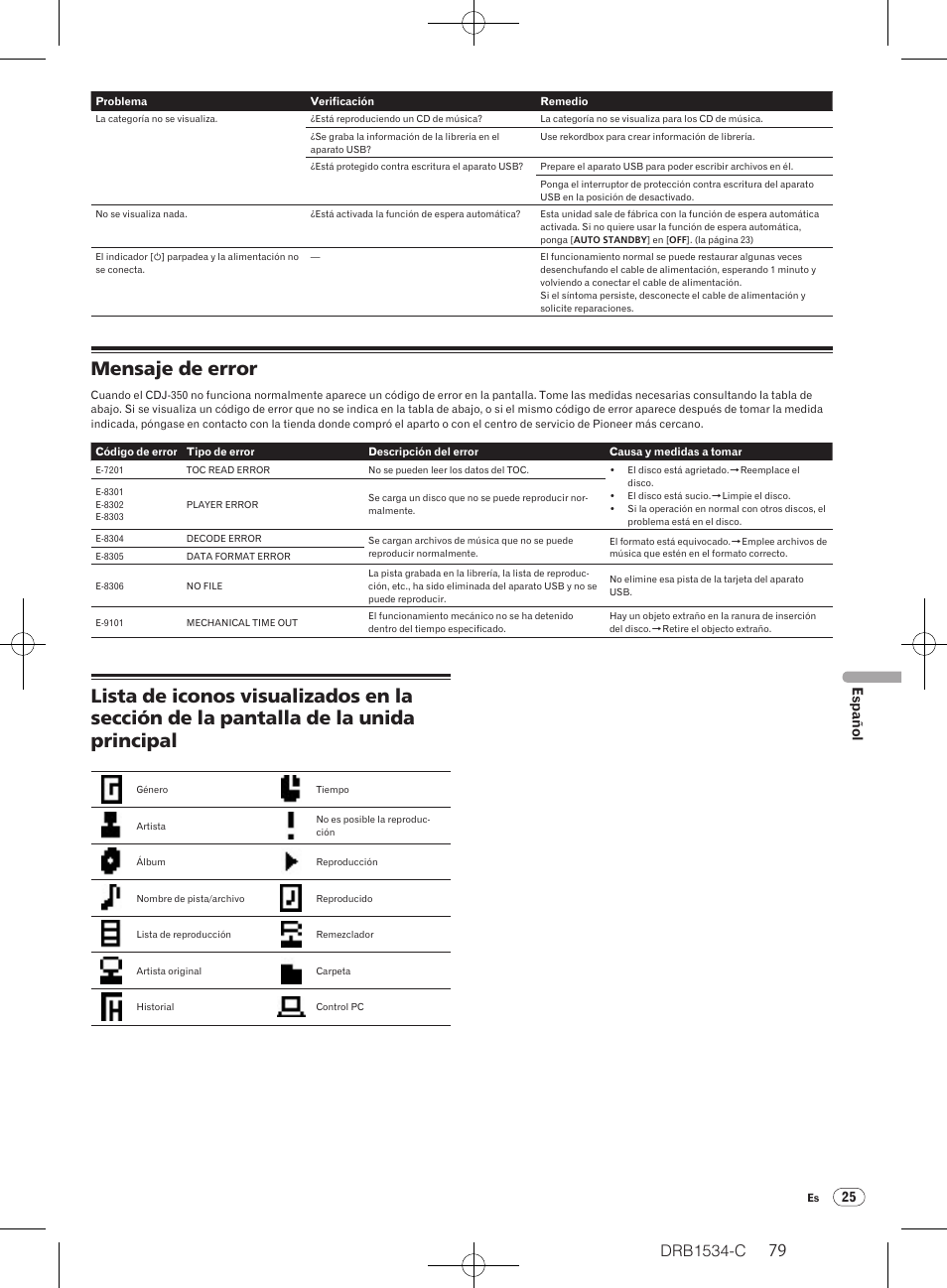 Mensaje de error, Drb1534-c | Pioneer CDJ-350-W User Manual | Page 79 / 112