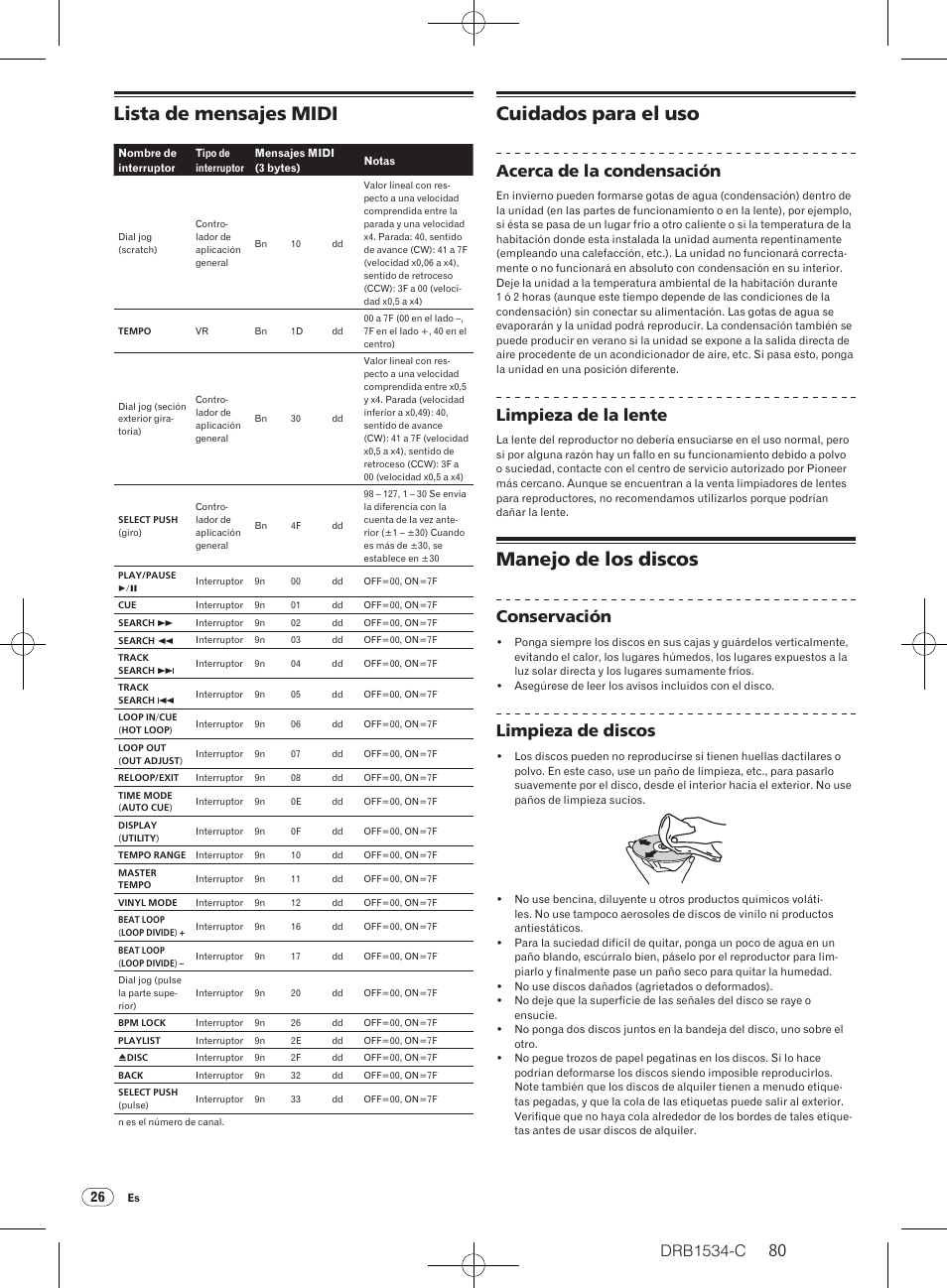 Lista de mensajes midi, Cuidados para el uso, Manejo de los discos | Drb1534-c, Acerca de la condensación, Limpieza de la lente, Conservación, Limpieza de discos | Pioneer CDJ-350-W User Manual | Page 80 / 112