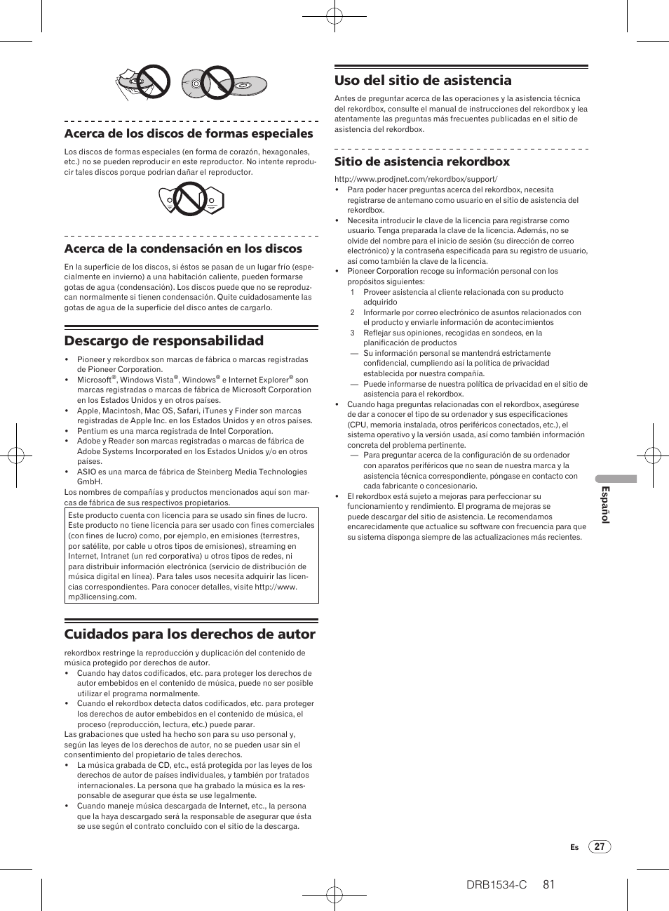 Descargo de responsabilidad, Cuidados para los derechos de autor, Uso del sitio de asistencia | Drb1534-c, 80 81 acerca de los discos de formas especiales, Acerca de la condensación en los discos, Sitio de asistencia rekordbox | Pioneer CDJ-350-W User Manual | Page 81 / 112