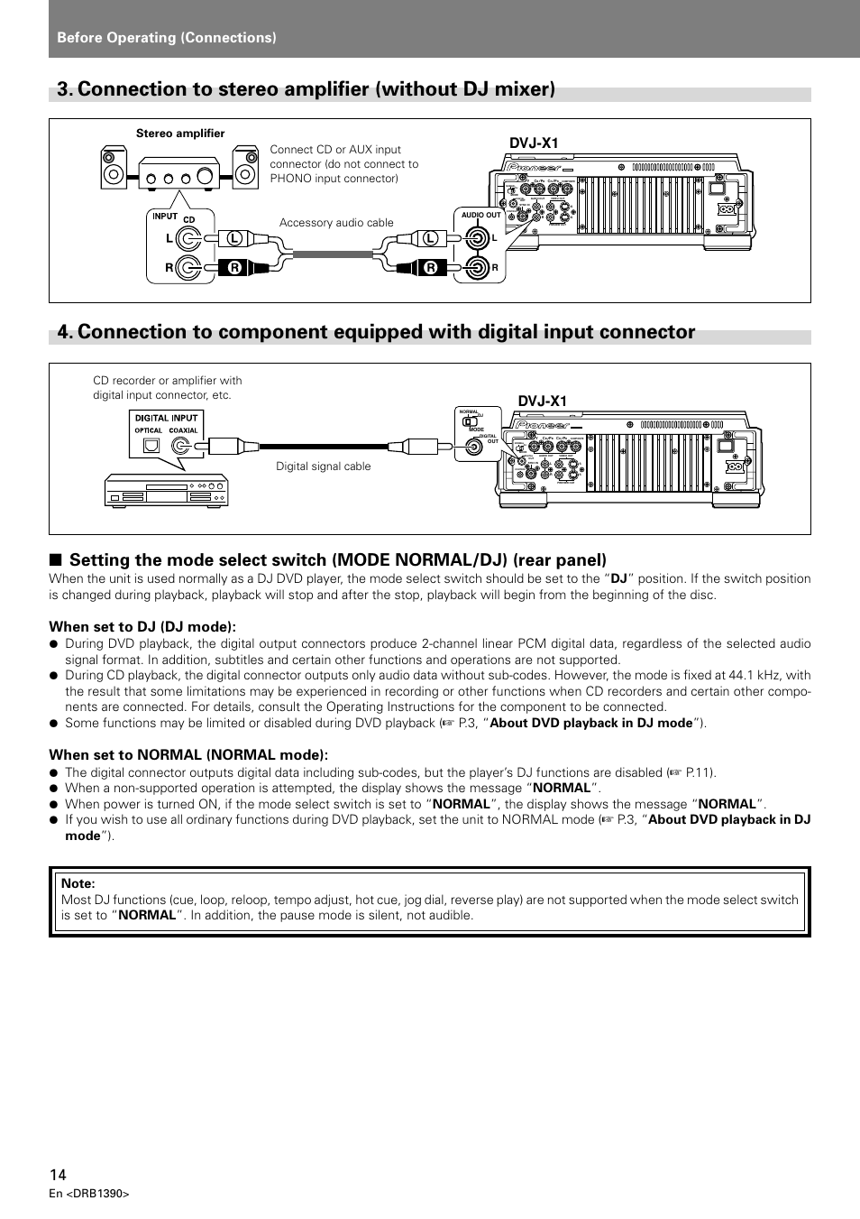With digital input connector, Before operating (connections), Dvj-x1 | When set to dj (dj mode), When set to normal (normal mode), En <drb1390 | Pioneer DVJ-X1 User Manual | Page 16 / 103
