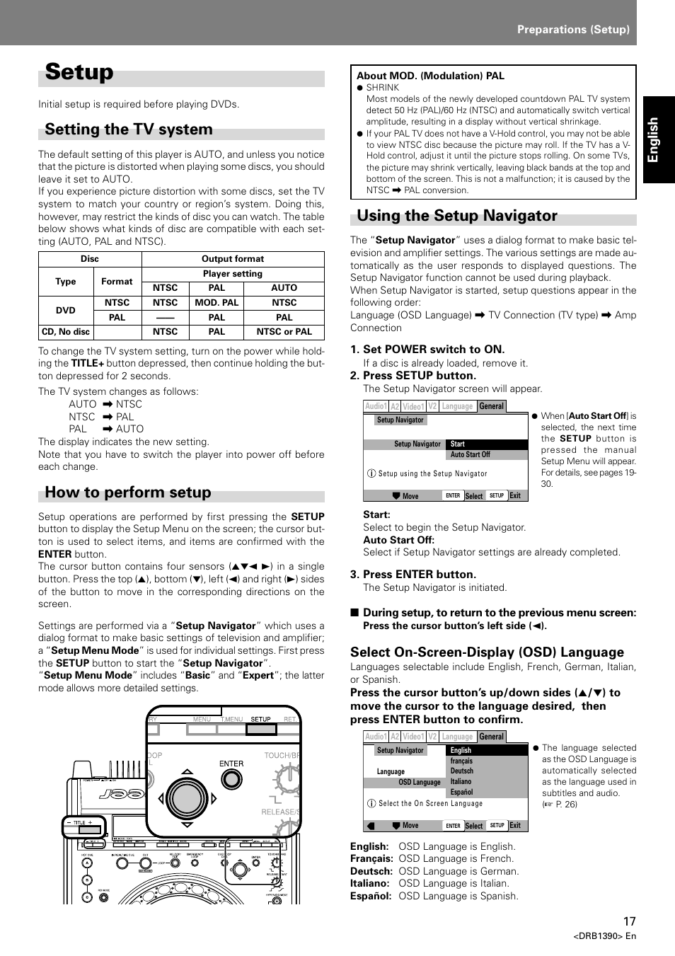 Setup, Setting the tv system, Using the setup navigator | How to perform setup, English, Select on-screen-display (osd) language | Pioneer DVJ-X1 User Manual | Page 19 / 103