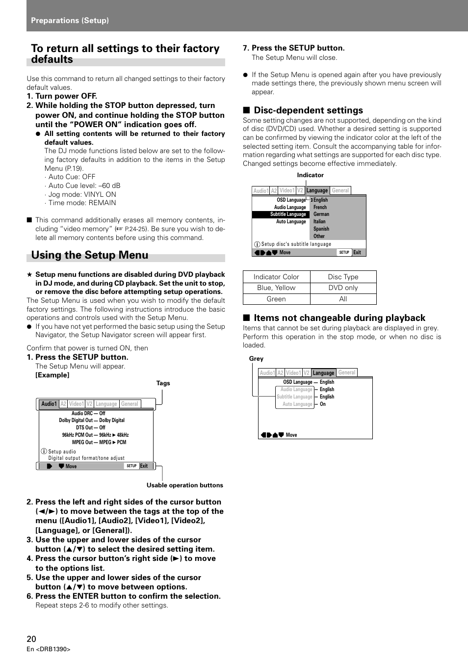 Using the setup menu, Disc-dependent settings, Items not changeable during playback | Pioneer DVJ-X1 User Manual | Page 22 / 103