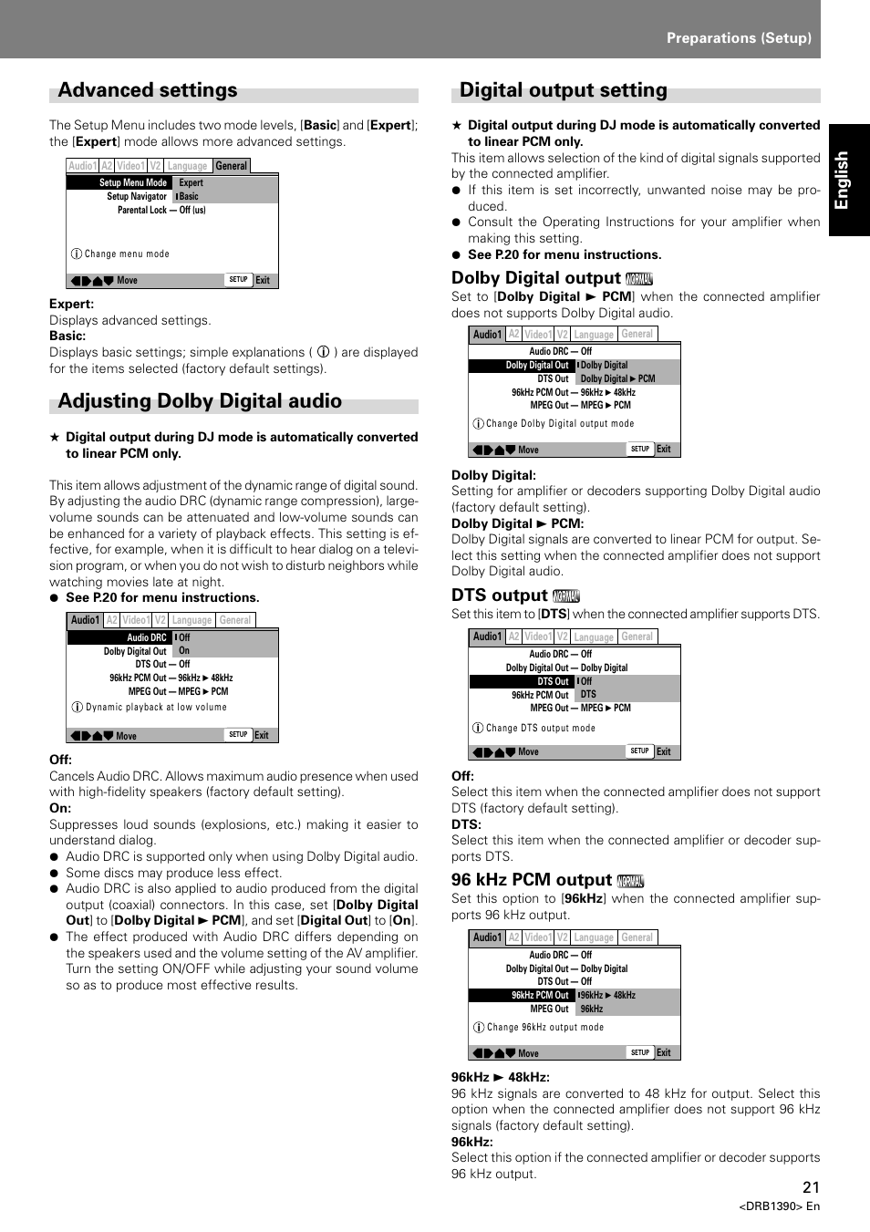 Advanced settings, Adjusting dolby digital audio, Digital output setting | English, Dolby digital output, Dts output, 96 khz pcm output, Preparations (setup) | Pioneer DVJ-X1 User Manual | Page 23 / 103