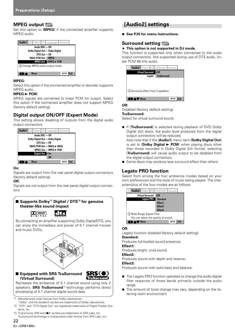 Audio2] settings, Mpeg output, Digital output on/off (expert mode) | Surround setting, Legato pro function | Pioneer DVJ-X1 User Manual | Page 24 / 103