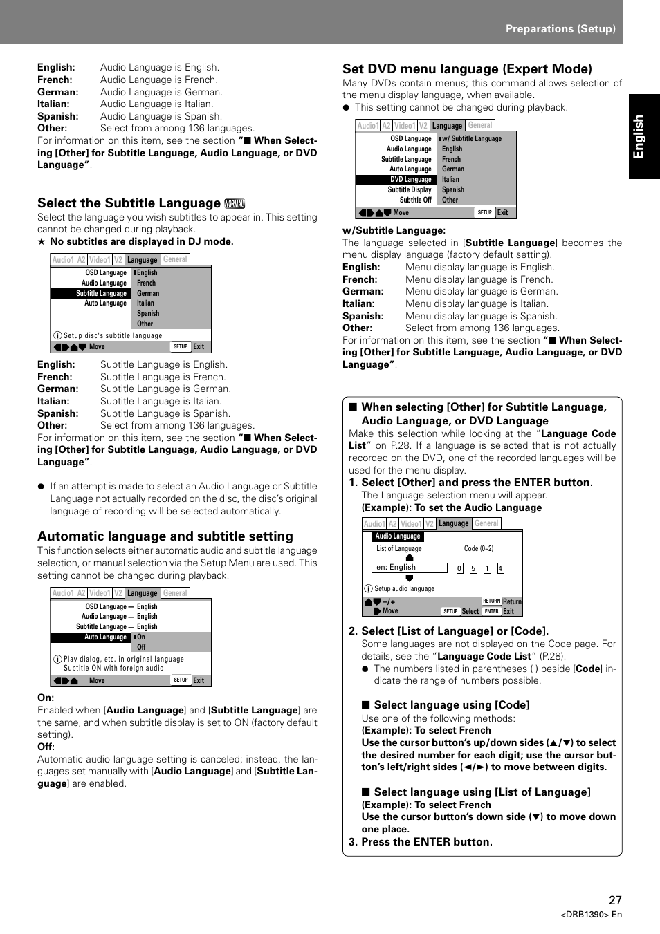 English, Select the subtitle language, Automatic language and subtitle setting | Set dvd menu language (expert mode) | Pioneer DVJ-X1 User Manual | Page 29 / 103